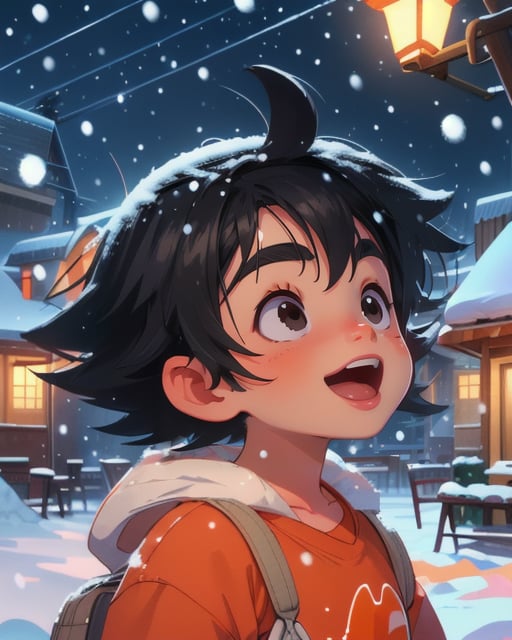 best quality, masterpiece, highres, detailed, digital artwork, <lora:Tools - add_detail:0.2>, SnowWonder,  <lora:Scene - SnowWonder:0.8>, excited, snowing, night, city,  upper body, BREAK KidGoku, black hair, black eyes, thick eyebrows, spiked hair, orange clothes,   <lora:Character - KidGoku:0.8>, male child, 