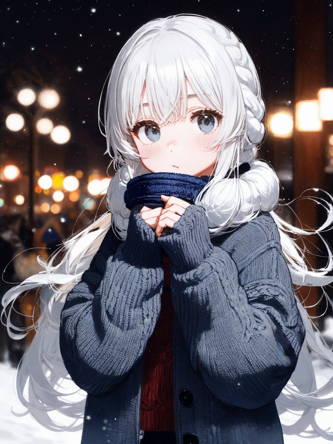 girl, photograph, muffler, sweater, long hair, white breaths,