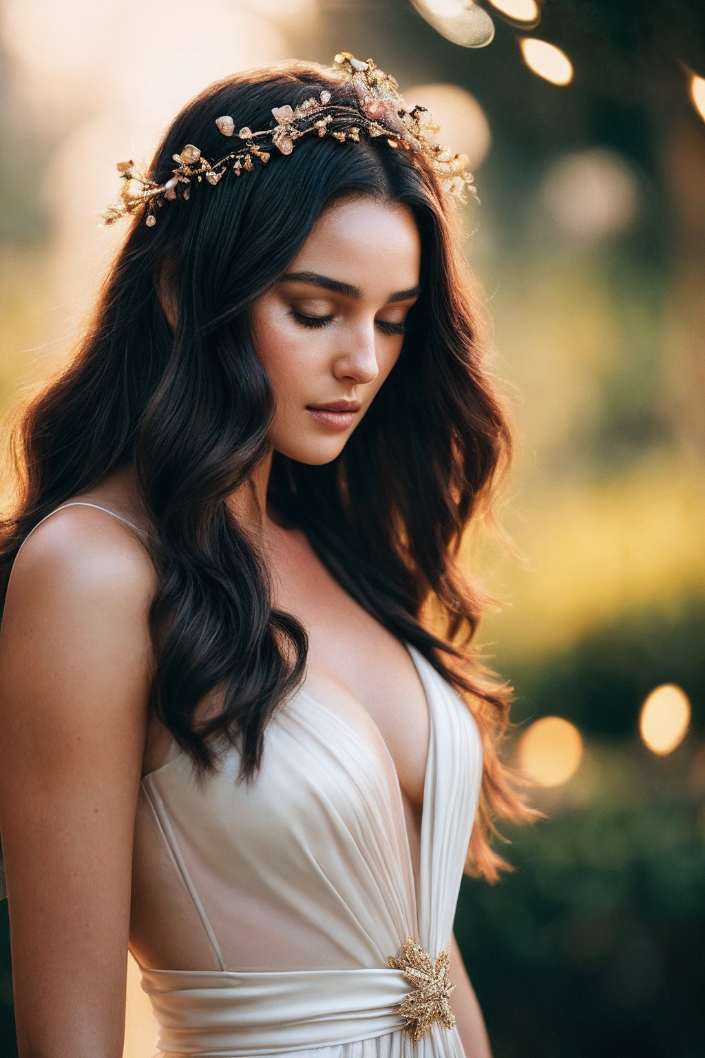 MonicaB_SoloTI_v1,  (Flowing draped gown adorned with shimmering jewels,  a golden laurel crown resting atop cascading cur...