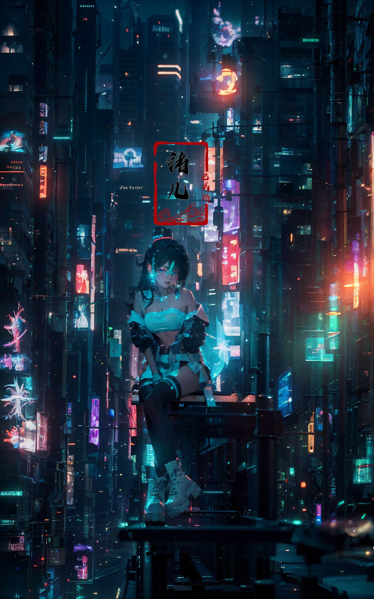 blurry, blurry_background, blurry_foreground, depth_of_field, motion_blur,1girl, cyberpunk, solo, science fiction, city, neon lights, sitting, night, building, strapless, breasts, hologram, skyscraper, boots, long hair, cityscape, thighhighs, sky, black hair, scenery, white footwear，(upper body:1.2)，(glow, light pollution:1.5)，(solo focus:1.7)，  <lora:绪儿-赛博城市场景 science cyber:0.8>