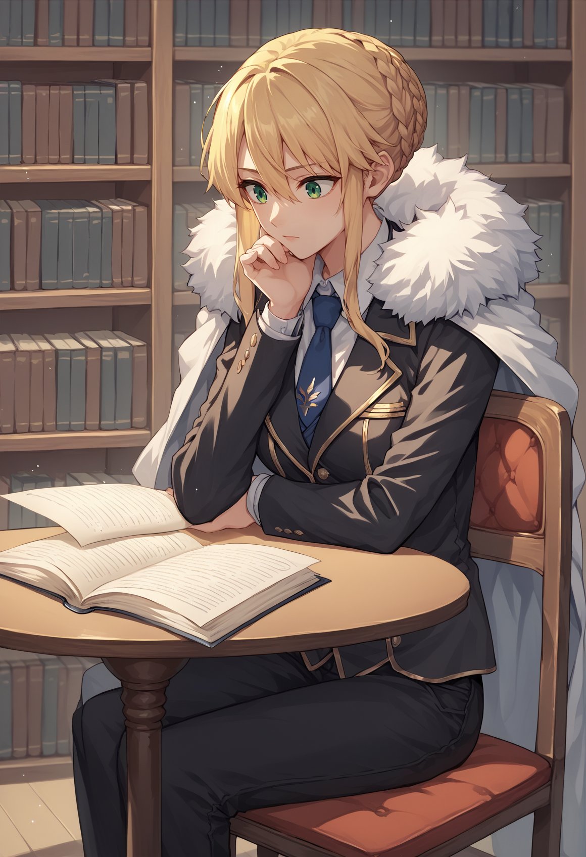 1girl, long hair, blonde hair, green eyes, sidelocks, single hair bun, french braid, necktie, black jacket, black pants, white cape, fur-trimed cape, sitting, indoors, library, table, chair, reading, holding paper, hand on chin <lora:titoria:0.8>, score_9, score_8_up, score_7_up, score_6_up, score_5_up, score_4_up, BREAK source_anime, masterpiece