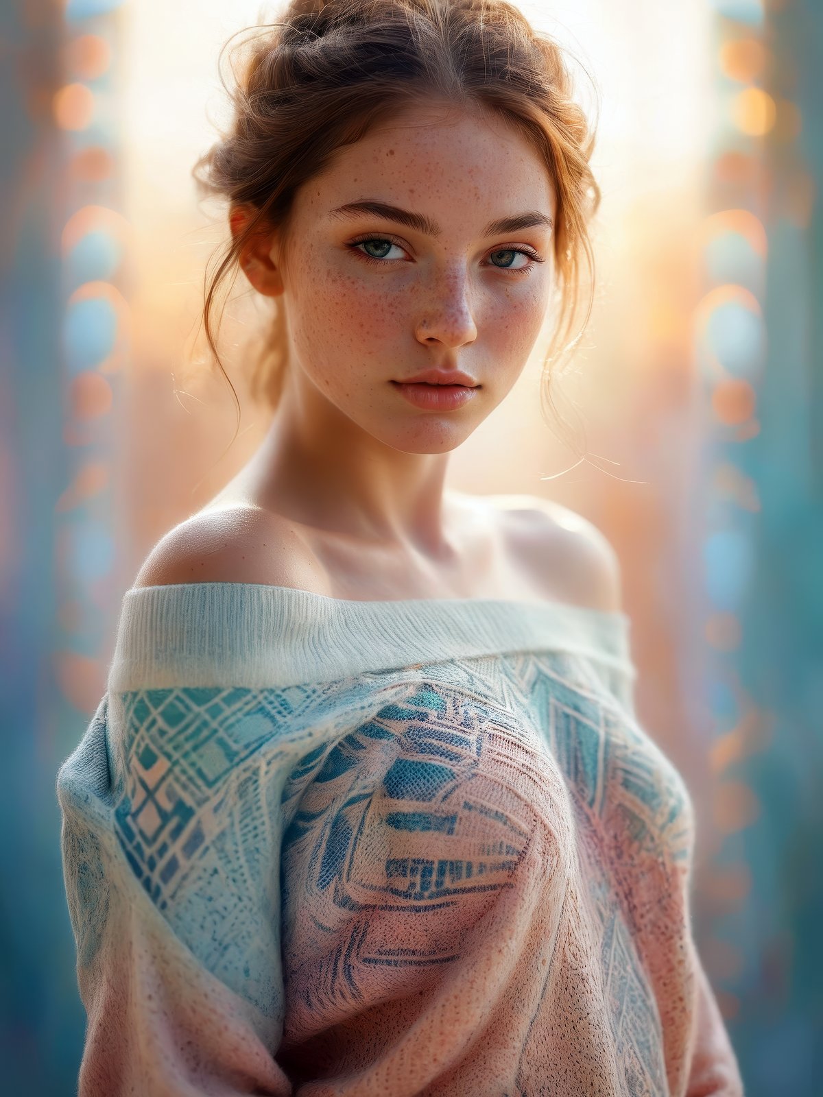 1girl,mysterious girl with freckles,an exotic girl in off-shoulder sweater,fading backlit background,pastel colors,alluring goddess,amazing depth,double exposure,surreal,geometric patterns,intricately detailed,bokeh,perfect balanced,deep fine borders,artistic photorealism,smooth