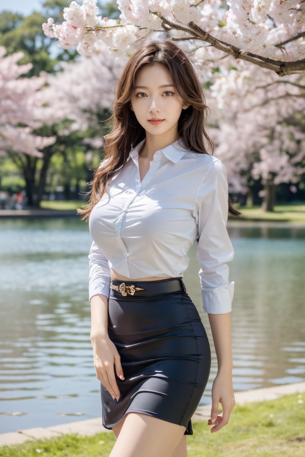 Realistic,best quality,masterpiece,8K,HDR,RAW,A pretty girl,seductive expression,charming,sex,1girl,((solo)),(standing),huge breasts,(lakeside,in spring,park),(looking at viewer,),<lora:add_detail:0.6>,<lora:GoodHands-beta2:1>,<lora:ENNE 商务短裙+衬衫_v07:1>,skirt,shirt,