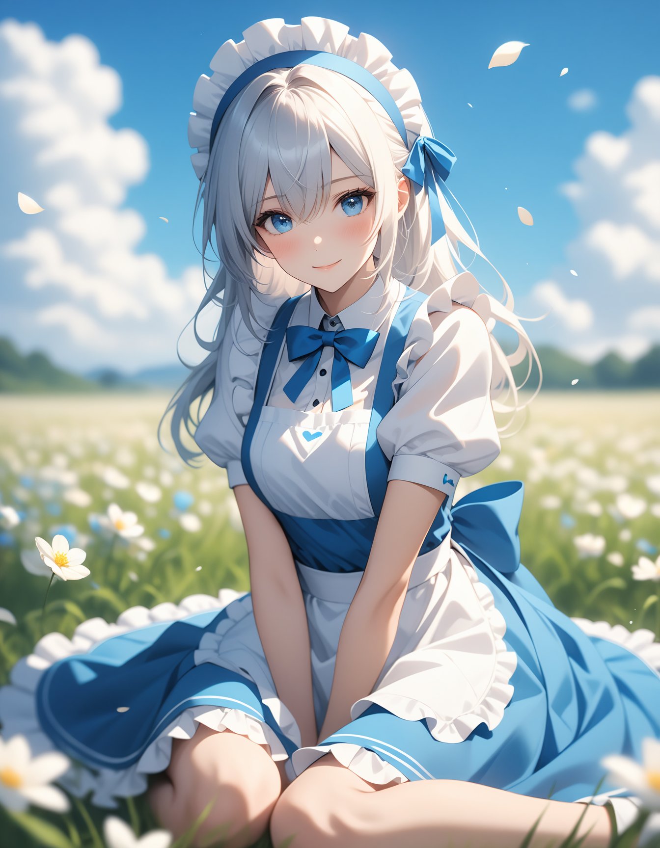 1girl, solo, blue eyes, flower, outdoors, long hair, looking at viewer, maid headdress, dress, short sleeves, apron, white flower, blush, sitting, blurry, smile, closed mouth, blue dress, frills, bow, sky, blue bow, maid, grass, day, bowtie, hair between eyes, field, blue bowtie, blue hair, petals, blue sky, white apron, maid apron, depth of field, ribbon, cloud, blurry background, puffy sleeves, puffy short sleeves, frilled dress, white hair, wariza, flower field, blue ribbon, hand between legs, between legs