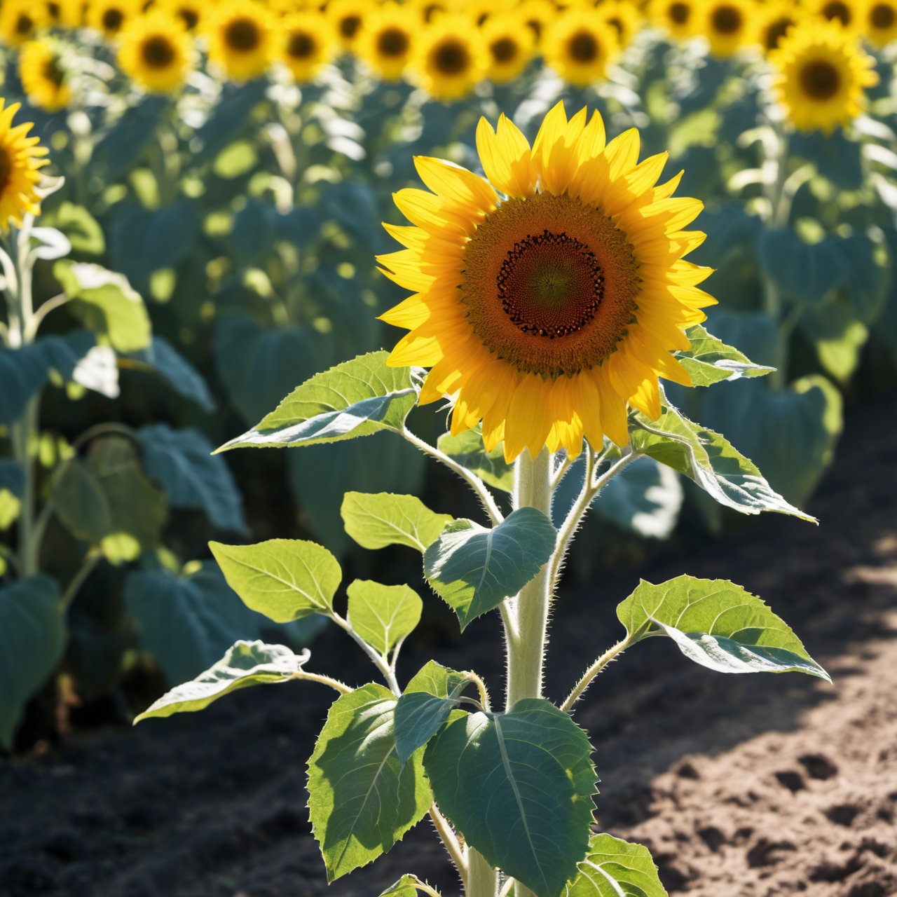 <lora:boh2-000006:1>,  RAW shoot,  sunflower field, focus on one flower, nature with trees in the background, sunshine, clear blue sky, eye level shot, deep depth of field, asymmetrical composition,