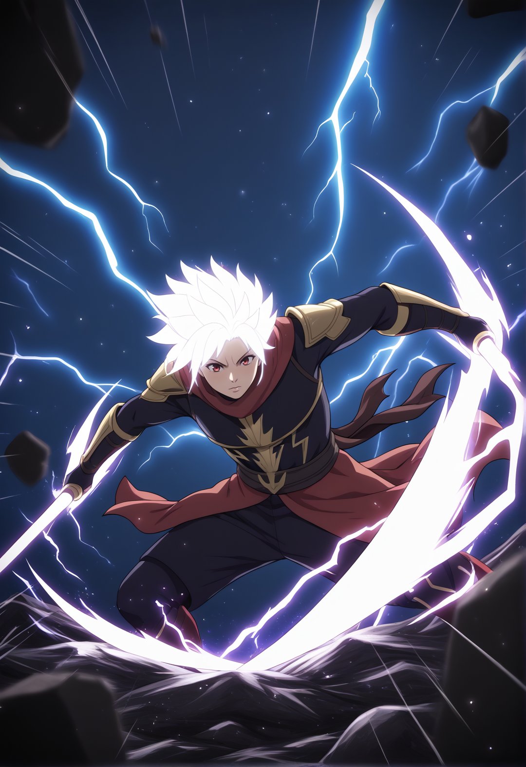 score_7_up, BREAK source_anime, dark fantasy warrior standing battle-ready with a drawn sword in hand, black and white but deep red, glowing hair, light particles, lightning, storm, thunder, debris, debris flying