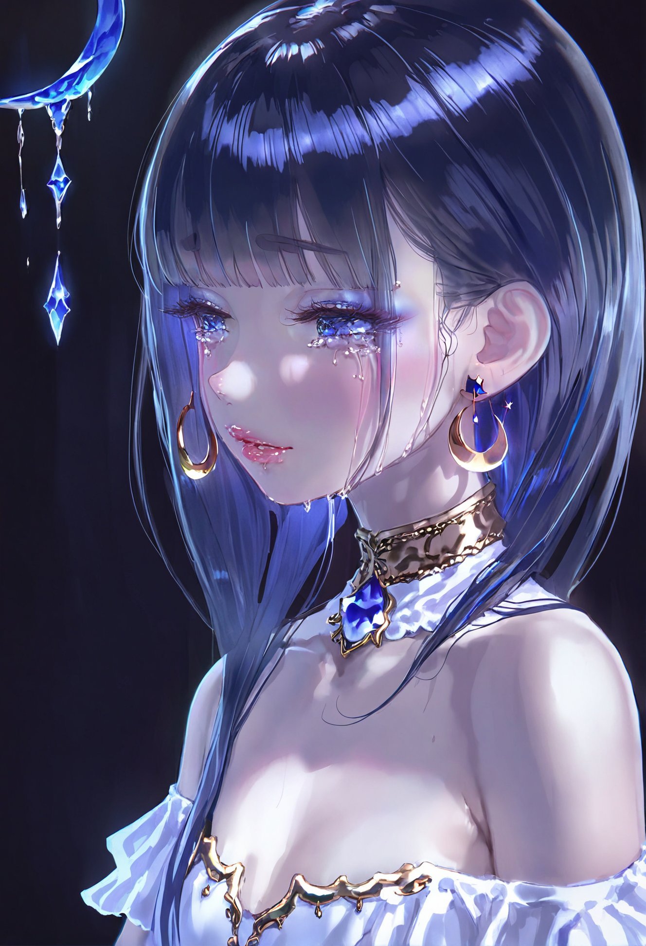 masterpiece, best quality,1girl,   blue eyes, solo, jewelry, earrings, long hair, looking at viewer, bangs, blue hair, portrait, gem, crescent, parted lips, black background, blue theme, blue gemstone, lips, close-up, tears, black hair, star \(symbol\), looking to the side, star earrings, blush, blunt ends, water, simple background, dark, eyelashes, teardrop, neck, crystal, from behind, collarbone <lora:1111111XLlokr8f-000187:0.95>