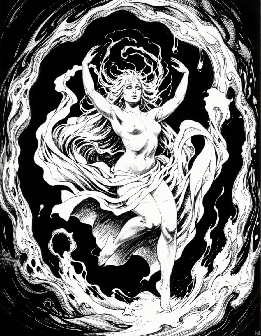 z_frazetta_ink,  mystical oracle floating in trance,  swirling fabrics by inknoir on Tensor.Art