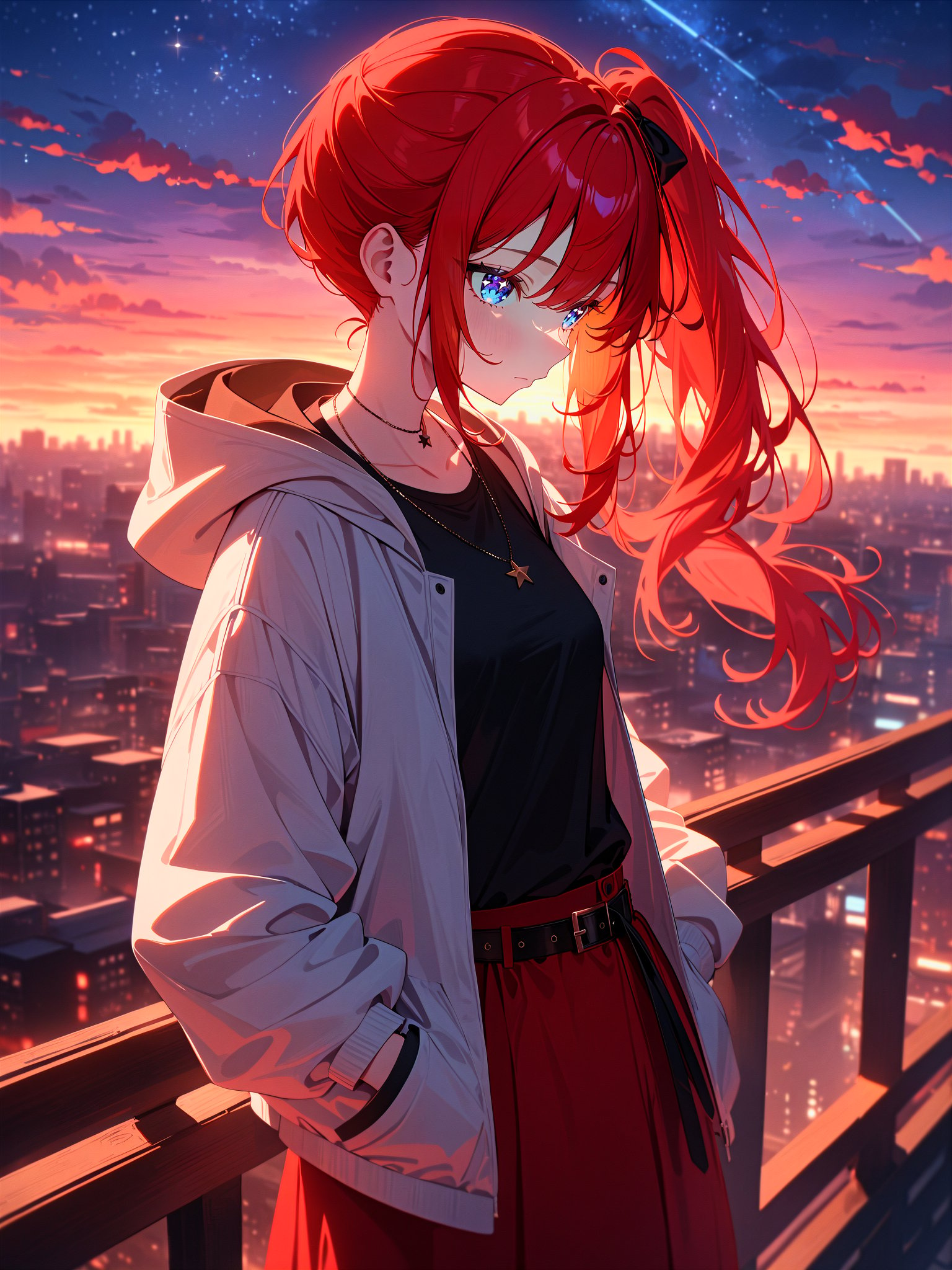 masterpiece, best quality, very aesthetic, absurdres, newest, 1girl, cute girl, teenager, blue eyes, red hair, side ponytail, small breasts, black shirt, white hooded jacket, loose shirt, black bow, red skirt, necklace, belt, expressionless, closed mouth, hand in pocket, hand in jacket pocket, twilight, dusk, sunset, star \(sky\), sunlight, city lights, street, rooftop, metal fence, clear background, looking afar, 