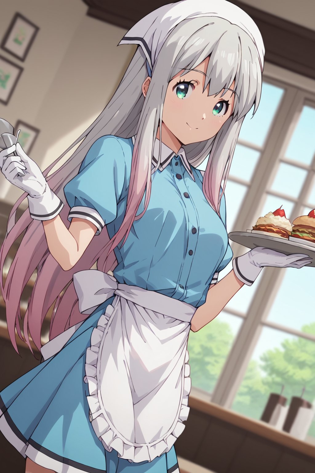 score_9, score_8_up, score_7_up, score_6_up, score_5_up, score_4_up, source_anime,koizumi yogiri, long hair, grey hair, aqua eyes, grey hair, pink hair, multicolored hair,1girl, solo, smile, apron, blue shirt, blue skirt, frilled apron, frills, gloves, head scarf, shirt, short sleeves, skirt, uniform, waist apron, waitress, white apron, white gloves, food, tray, food tray, indoors, restaurant, looking at viewer, dutch angle, cowboy shot,masterpiece, perfect face, best quality, beautiful girl, blurry background, cute girl, beautiful eyes, shiny eyes, anime coloring, anime screencap, absurdres,<lora:koizumi yogiri pony:0.8>