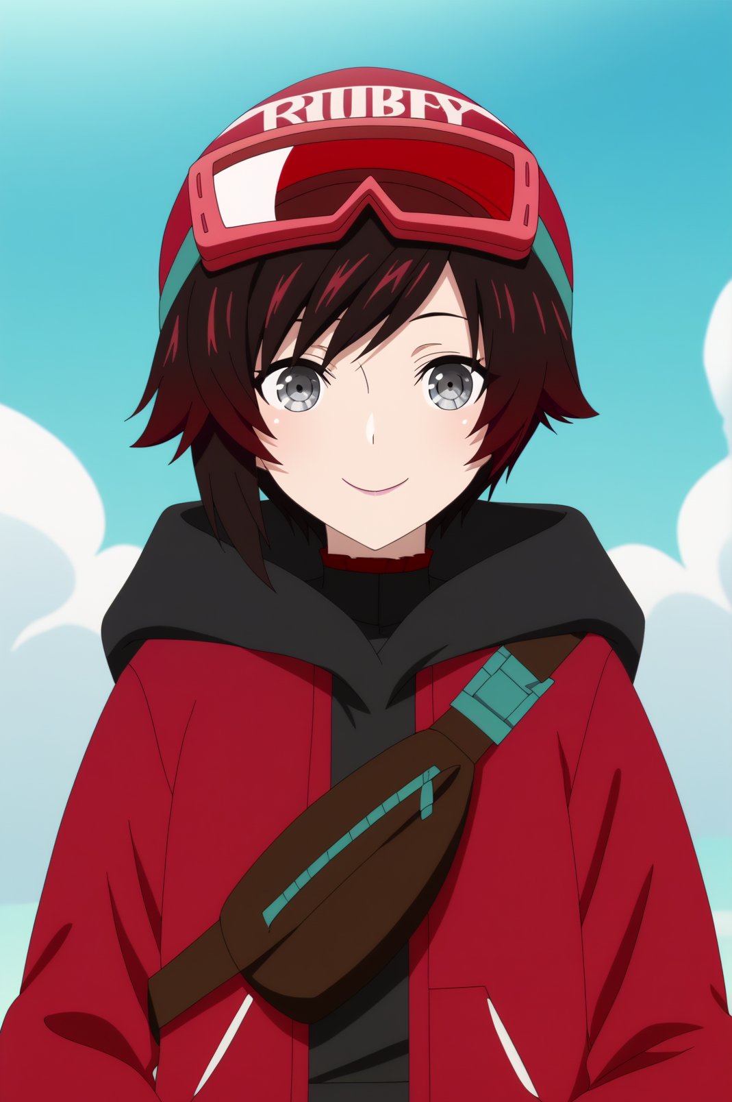 ruby rose,anime screencap,1girl,solo,mature,short hair,red hair,multicolored hair,looking at viewer,jacket,goggles,hat,goggles on head,smile,standing,sky,cloud,close up <lora:Ruby Rose - RWBY.safetensors:0.8>