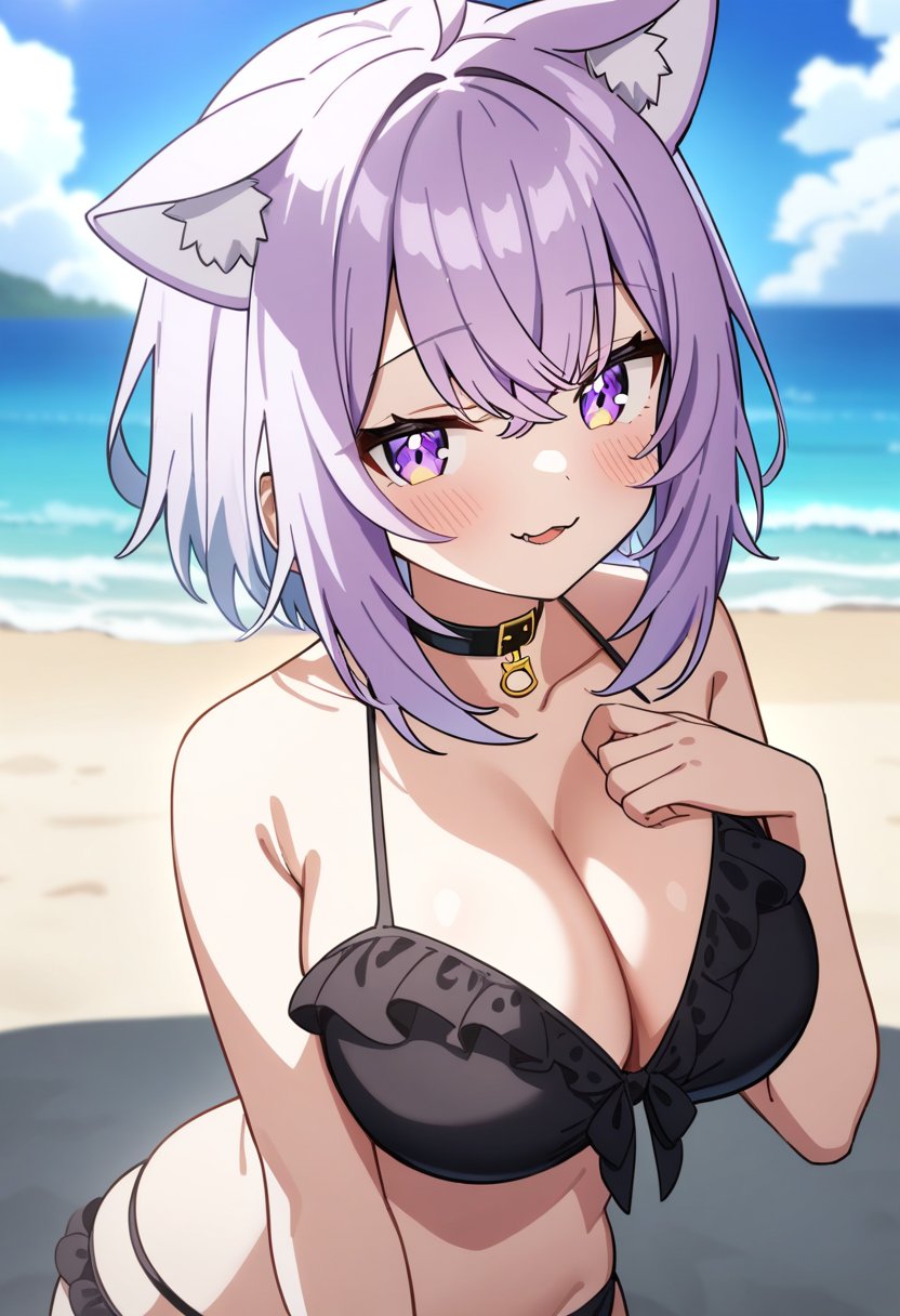 1girl, nekomata okayu, hololive, anime coloring,short hair, purple hair, purple eyes, bikini, frills, cat ears, seductive smile, large breasts,beach,masterpiece, best quality, very aesthetic, absurdres,