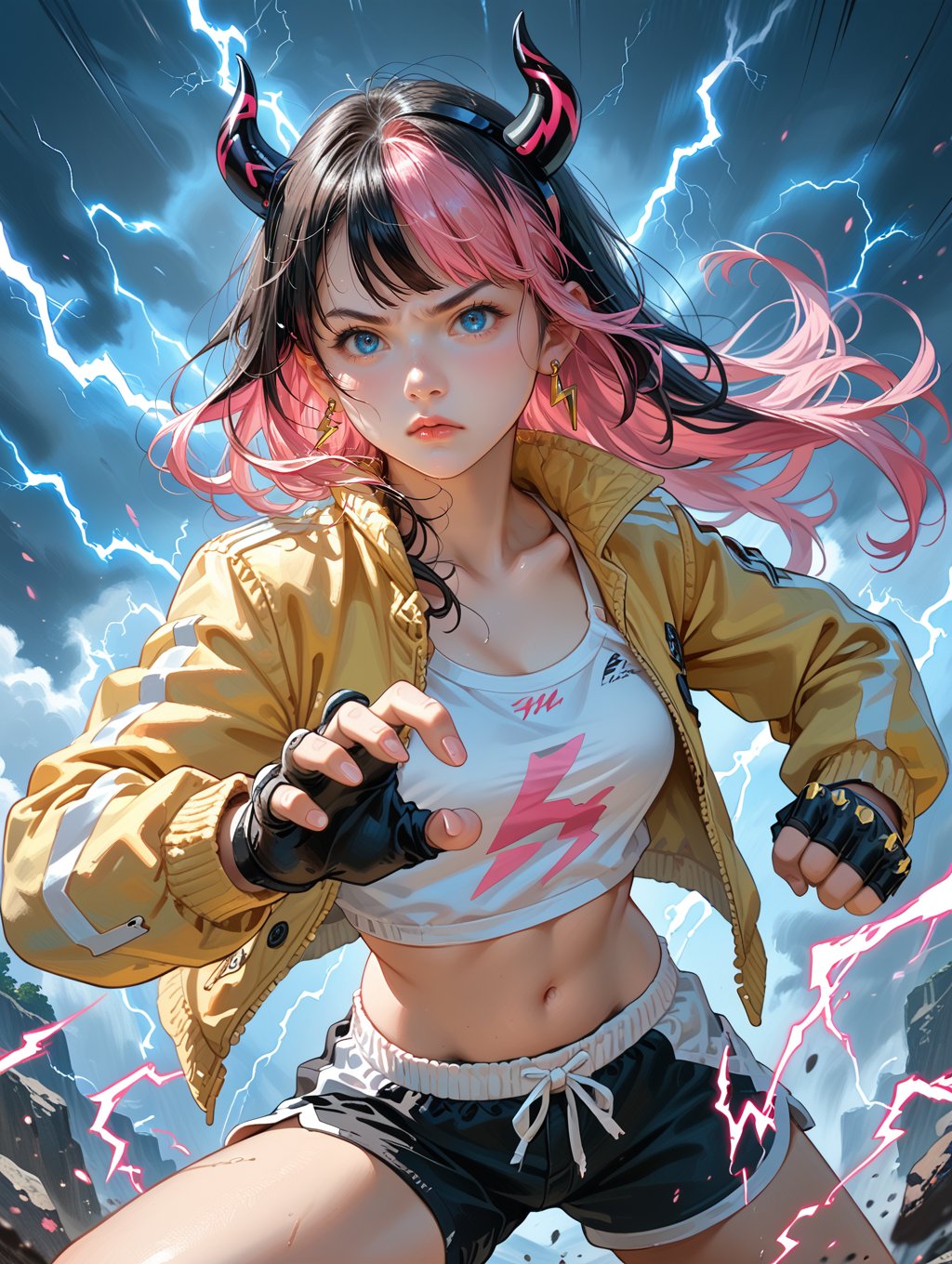 score_9, score_8_up, score_7_up,BREAKsolo, 1 cute girl,fake horns,multicolored hair,black hair,pink hair,blue eyes, Yellow jacket, white underwear,fingerless gloves,shorts,black shorts,jewelry,earrings, Thunder, lightning, electricity, serious, fighting pose, action pose,