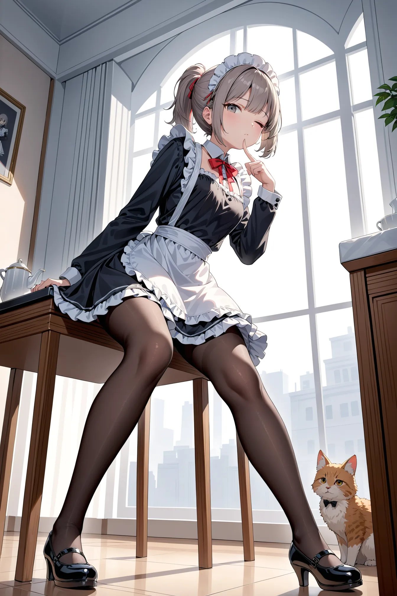 masterpiece, best quality, 1girl, solo, indoors, animal ear fluff, animal, apron, black dress, black footwear, black jacket, black pantyhose, black thighhighs, brown hair, closed mouth, dress, expressionless, finger to mouth, frilled apron, frilled dress, frills, from below, grey eyes, grey hair, jacket, leaning forward, long sleeves, looking at viewer, maid, maid apron, maid headdress, neck ribbon, one eye closed, pantyhose, ponytail, red ribbon, ribbon, short dress, short hair, sidelocks, sitting