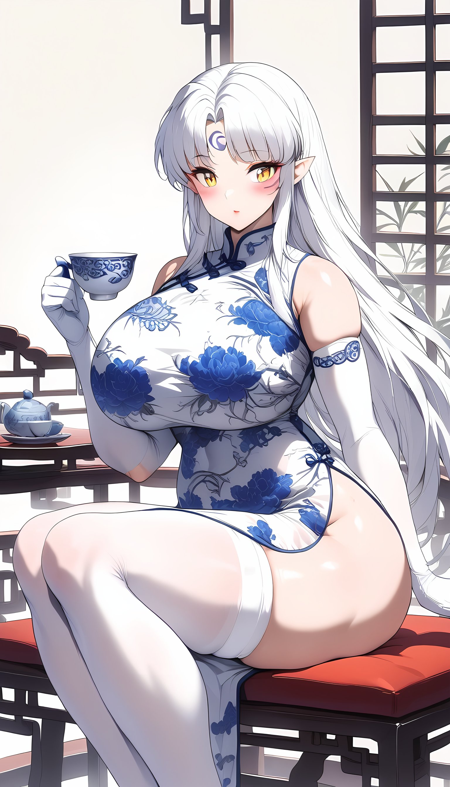 (from side:1.3),side view,masterpiece,best quality,extremely detailed,full body,1girl,Sesshoumaru,sesshoumaru,mature female,detailed beautiful eyes,(scornful eyes),yellow eyes,parted bangs,pointy ears,white hair,very long hair,red facial mark,forehead mark,alternate costume,arm at side,blush,breasts,china dress,chinese clothes,curvy,dress,elbow gloves,bare shoulder,floral print,gloves,(blue and white porcelain gorgeous qipao,blue and white china dress,blue and white chinese clothes,blue and white dress),a china cup,hand up,gigantic breasts,hip vent,holding a china cup,print dress,indoors,(teahouse),holding,red lips,looking at viewer,parted bangs,sleeveless,solo,thick thighs,upturned eyes,5 toes,white thighhighs,wide hips,solo,sitting,leg lift,thick thighs,upturned eyes,white thighhighs,wide hips,