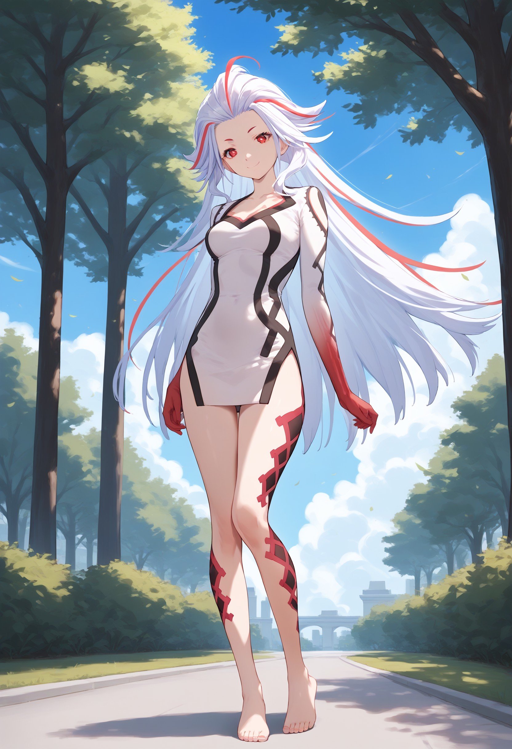 score_9_up, score_8_up, source_anime, BREAK, tsfaiba, 1girl, solo, alone, long white hair, very long hair, streaked hair, red eyes, white outfit, white shirt, red arms, bare legs, barefoot, leg tattoo, standing, full body, smile, closed mouth, looking at viewer, outdoors, park, sunny day, blue sky, trees, <lora:4d3f1b96-6739-4dc1-b9cc-024f86522cea:1.0>