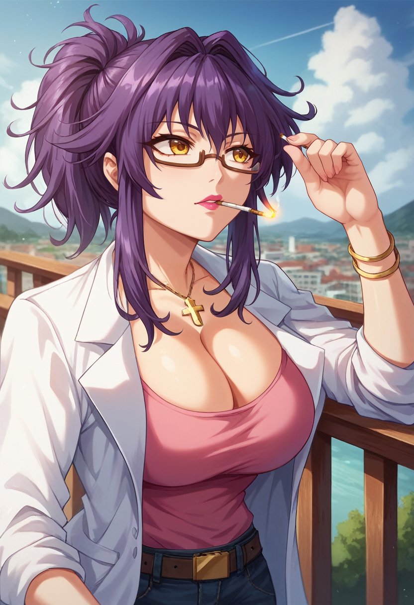 <lora:Oppai_No_Ouja_48__Miyu_Takashima_PONY:1> miyutakashima, long hair, purple hair, ponytail, yellow eyes, pink lips, large breasts,  brown-framed eyewear,  eyewear, white lab coat, necklace, cross necklace, cleavage, pink shirt, denim, belt, bracelet, (looking away, cigarette in mouth, smoke),(balcony, outdoors, cloudy sky, upper body, portrait), score_9, score_8_up, score_7_up, score_6_up, 16k, masterpiece, absurdes, highly detailed, highres, high quality, best quality, detailed face