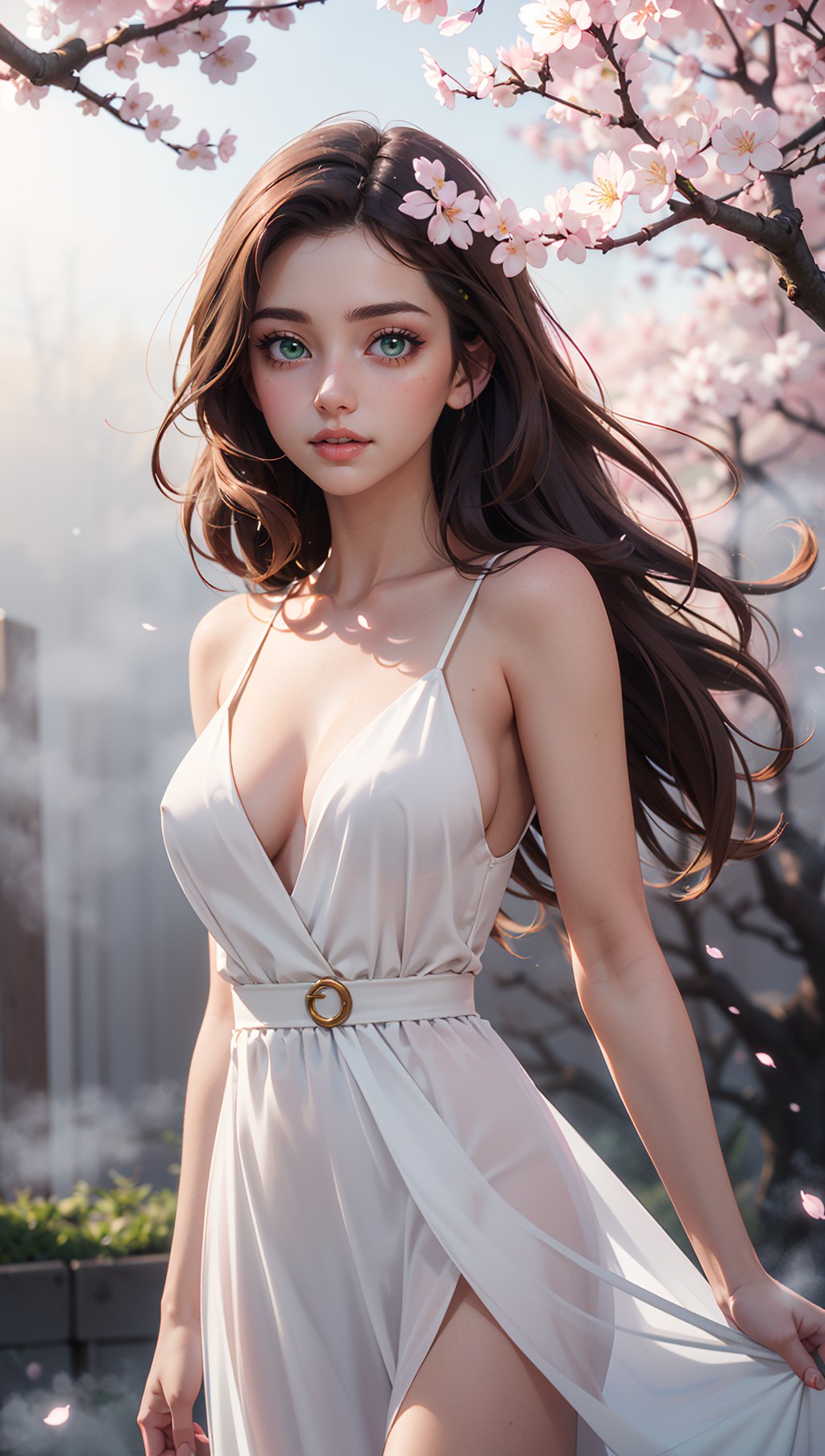 ((best quality)),((masterpiece)),ultra detailed background ((Cherry Blossoms)),(22 years old Spanish woman),medium breast,wearing flowing dress,golden brown flowing hair glamour,(green eyes),beautiful face,((white mists:1.4)),(pink dust:1.2),mysterious,mysteries of universe,yellow lightnings,volumetric lightnings,dark and blurry background,