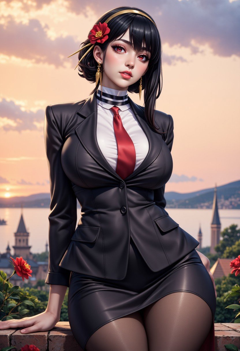 yor briar, 1girl, solo, long hair, business suit, formal, pantyhose, Pencil Skirt, red tie, looking at viewer, black hair, hair ornament, red eyes, sitting, flower, sidelocks, hairband, earrings, outdoors, parted lips, sky, choker, cloud, hair flower,  blurry, lips, blurry background, rose, sunset, red flower, red lips, gold earrings, gold hairband, 