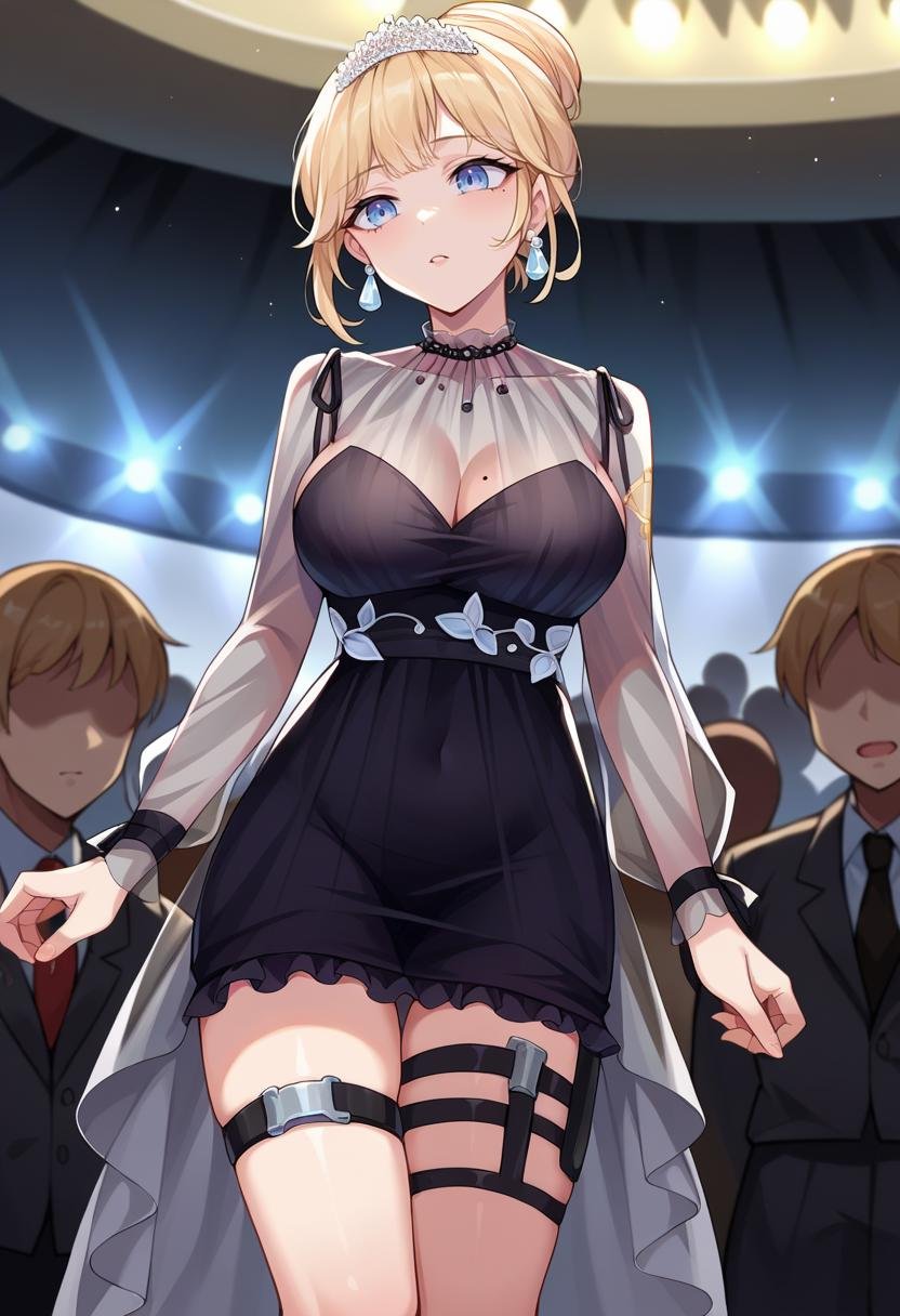 score_9, score_6_up, source_anime, indoors, crowd, 1girl, amelia_formal, short hair, single hair bun, black dress, see-through, cleavage, mole on breast, tiara, earrings, thigh strap <lora:watson_amelia_sdxl_pony-000009:1>