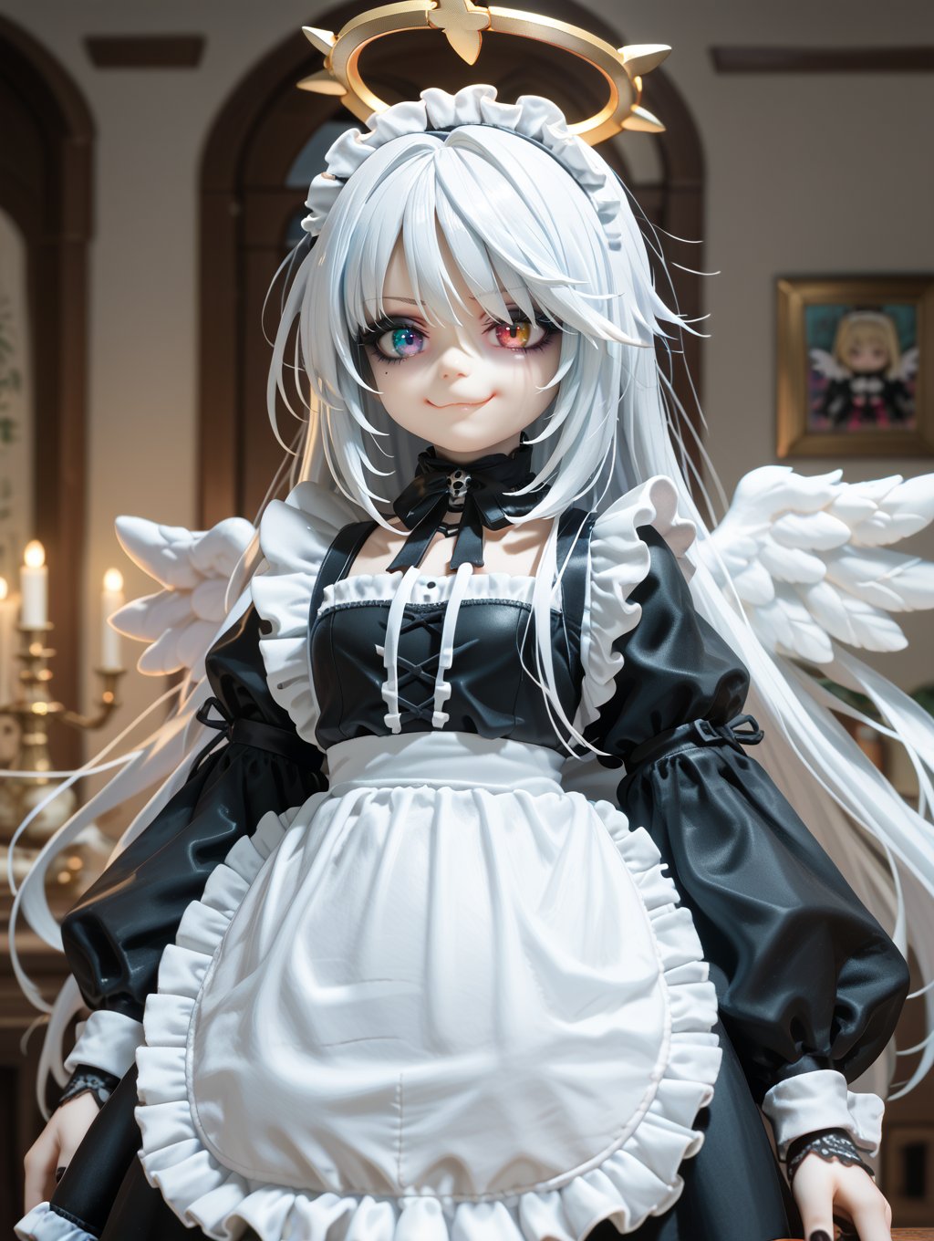 score_9, score_8_up, score_7_up,doll,cowboy shot, 1girl,very long hair, heterochromia, eye reflection, smug,angel, angel wings, gothic,maid,halo, indoors, 