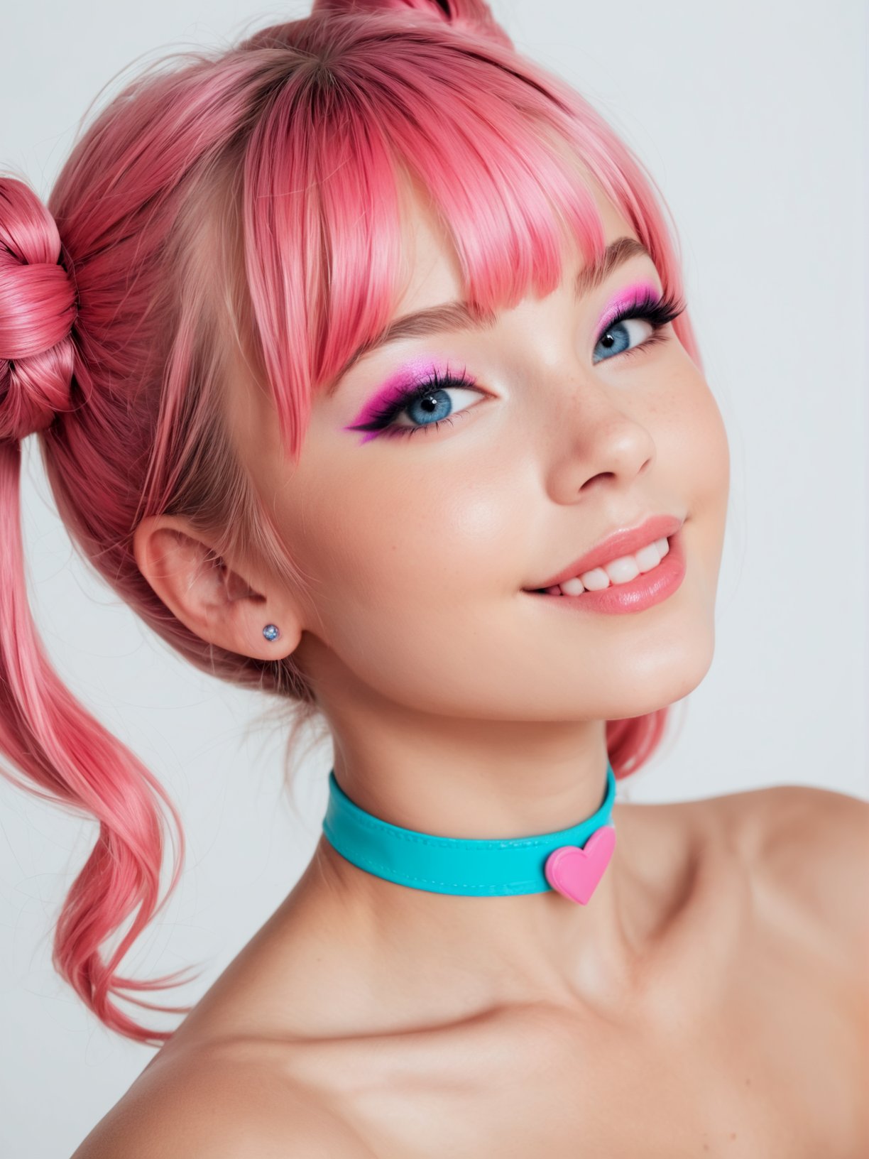 score_9, score_8_up, score_7_up, realistic lighting, photo, photorealistic1girl, pink hair, (bangs:1.1), side view, (detailed face and eyes:1.2), white background, perfect cute face, turning to look at viewer, vibrant colors, cocky smile, choker, eyeshadow, pigtail buns, round face