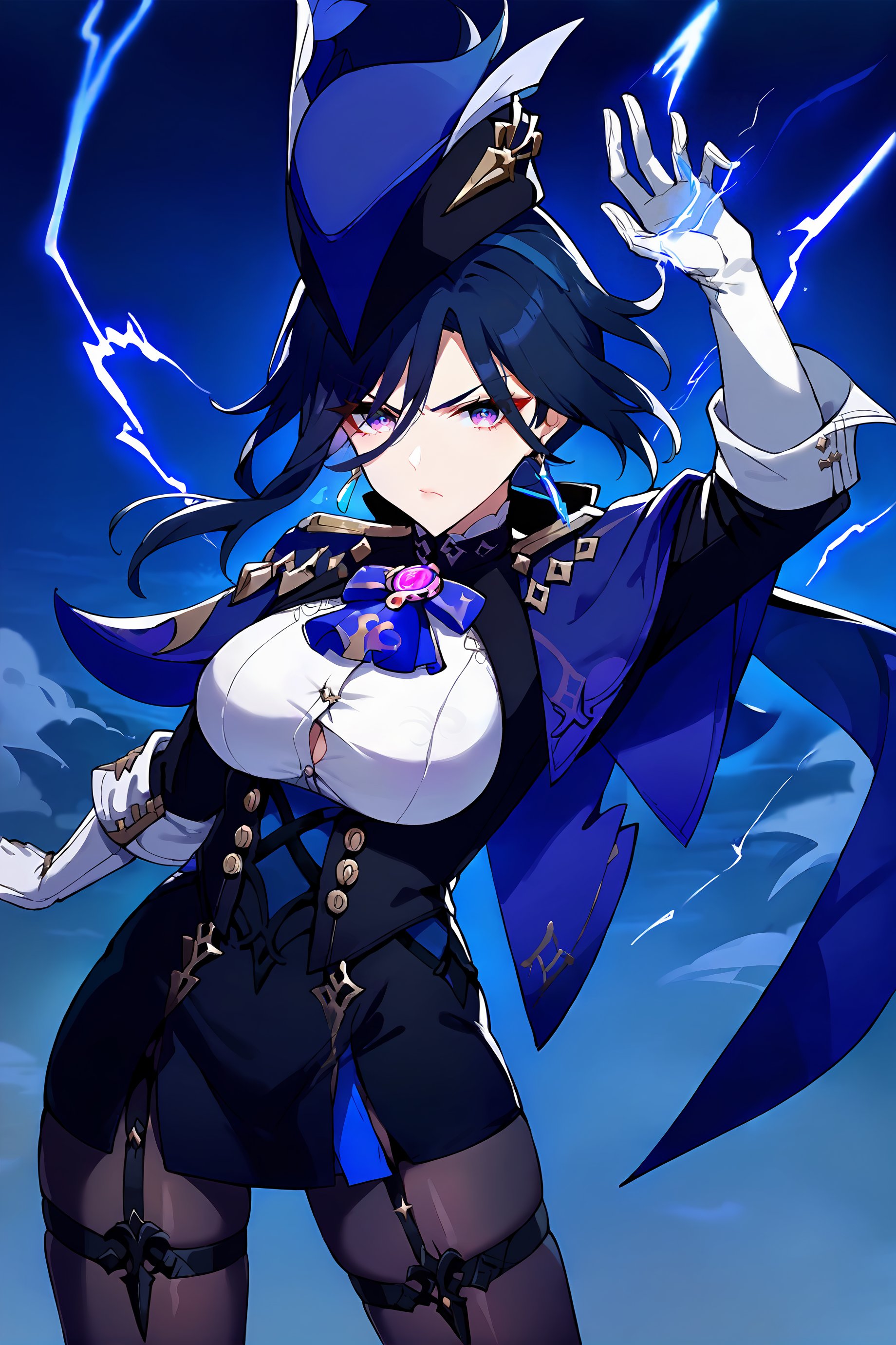 score_9, score_8_up, score_7_up, source anime, 1girl, clorinde \(genshin impact\), tricorne, black pantyhose, earrings, blue cape, white gloves, pencil skirt, white shirt, thigh strap, underbust, ascot, black jacket, depth of field, cowboy shot, lightning, electricity, combat pose, incoming attack, glaring, looking at viewer <lora:Char-Genshin-Clorinde-Pony-V1:0.9>   <lora:YaegashiNan-v1-PDXL:0.7>