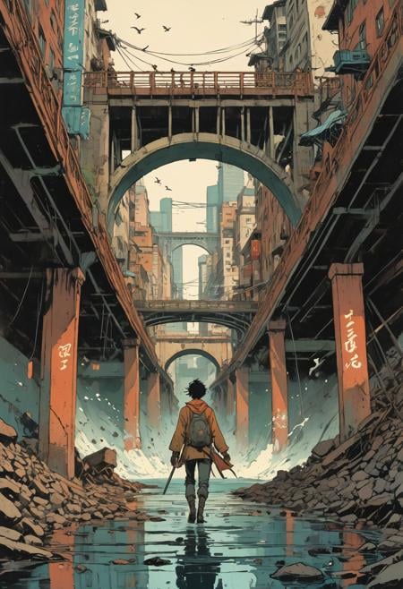 grainy, noise,daemon ,  chase under the old bridge, intricate, complexe urban background, full of details, epic, action, cinematic, motion trails,by  Jason A. Engle Gerald Brom, Victo Ngai Katsuya Terada,