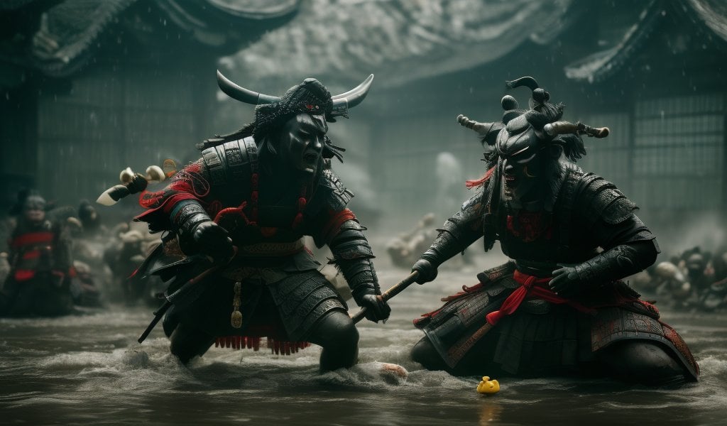 immortal being samurai as evil monster, fight with bath duck, chinese mythological legends, movie still, film grain, cinematic, vsco, surreal, exquisite details, rutkowski