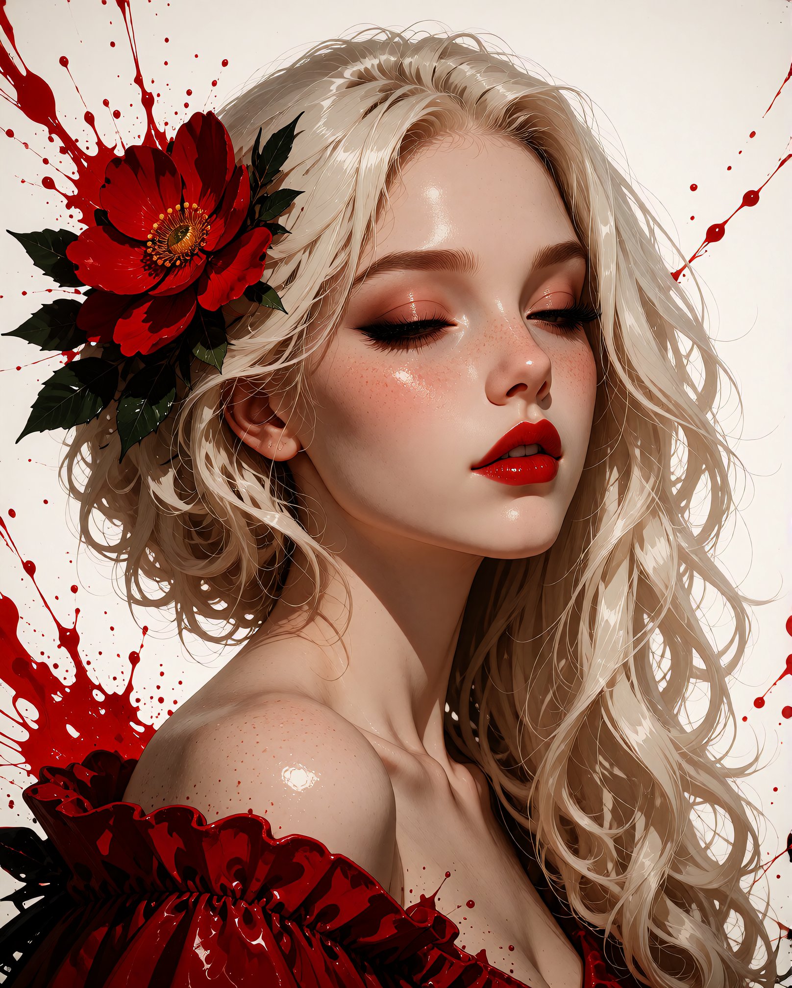 A digital illustration shoot from a portrait angle about a portrait of a adult woman with long blonde hair adorned with re...