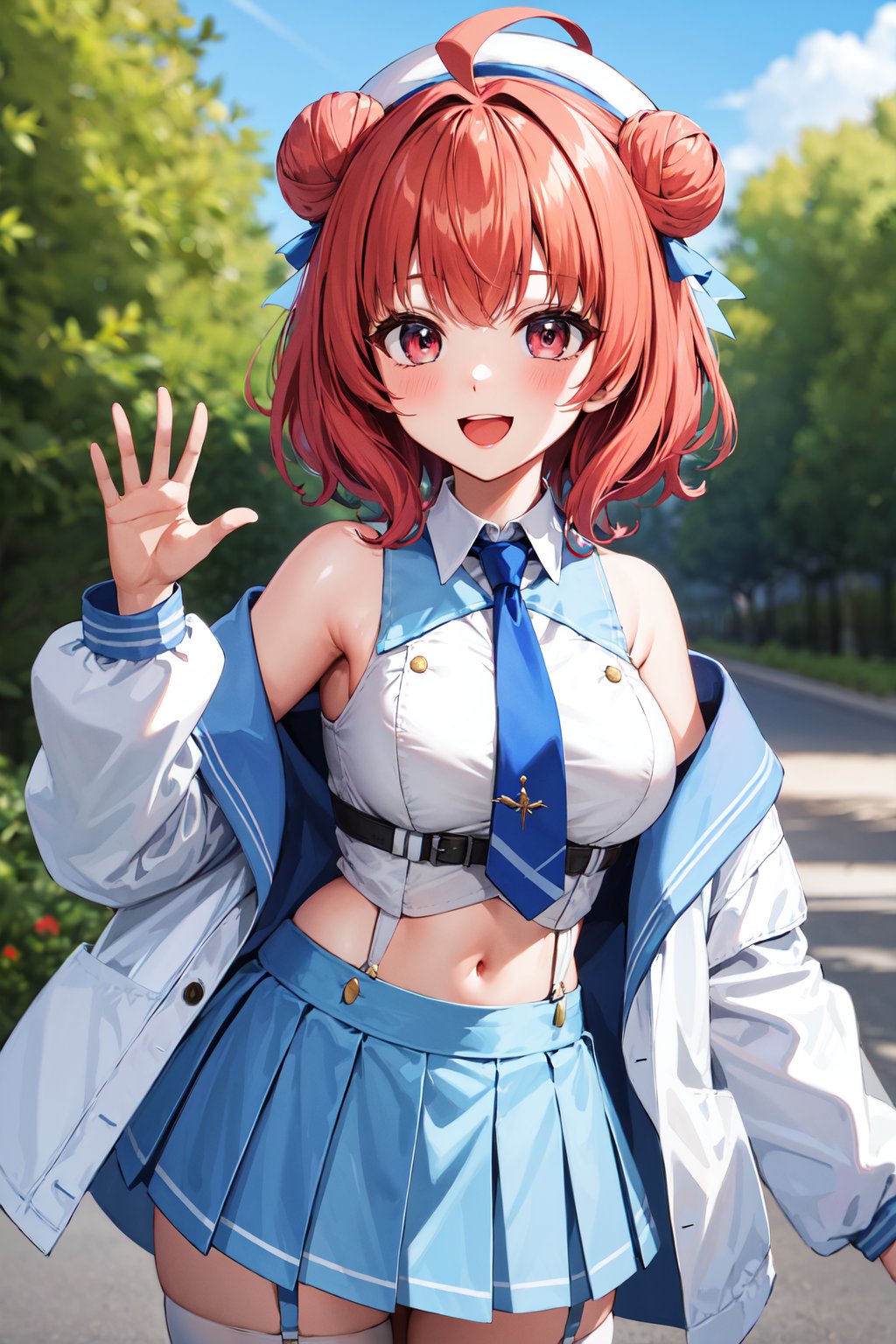 masterpiece, best quality, highres, aaakari, short hair, double bun, ahoge, beret, white headwear, breasts, blue necktie, sleeveless shirt, white shirt, off shoulder, white jacket, open jacket, midriff, pleated skirt, blue skirt, garter straps, white thighhighs, <lora:yumeno_akari_v1:0.7>, standing, cowboy shot, outdoors, smile, open mouth, waving