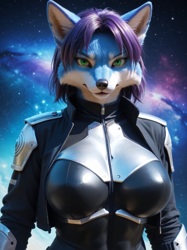 score_9, score_8_up, score_7_up, photorealistic, high quality, raw photo, furry, kemono, female, fox, blue fur,  galaxy background, green eye, black scifi bodysuit, silver armor, jacket, short medium hairstyle, purple hair, big breast, muscular, serious expression, krystal assault