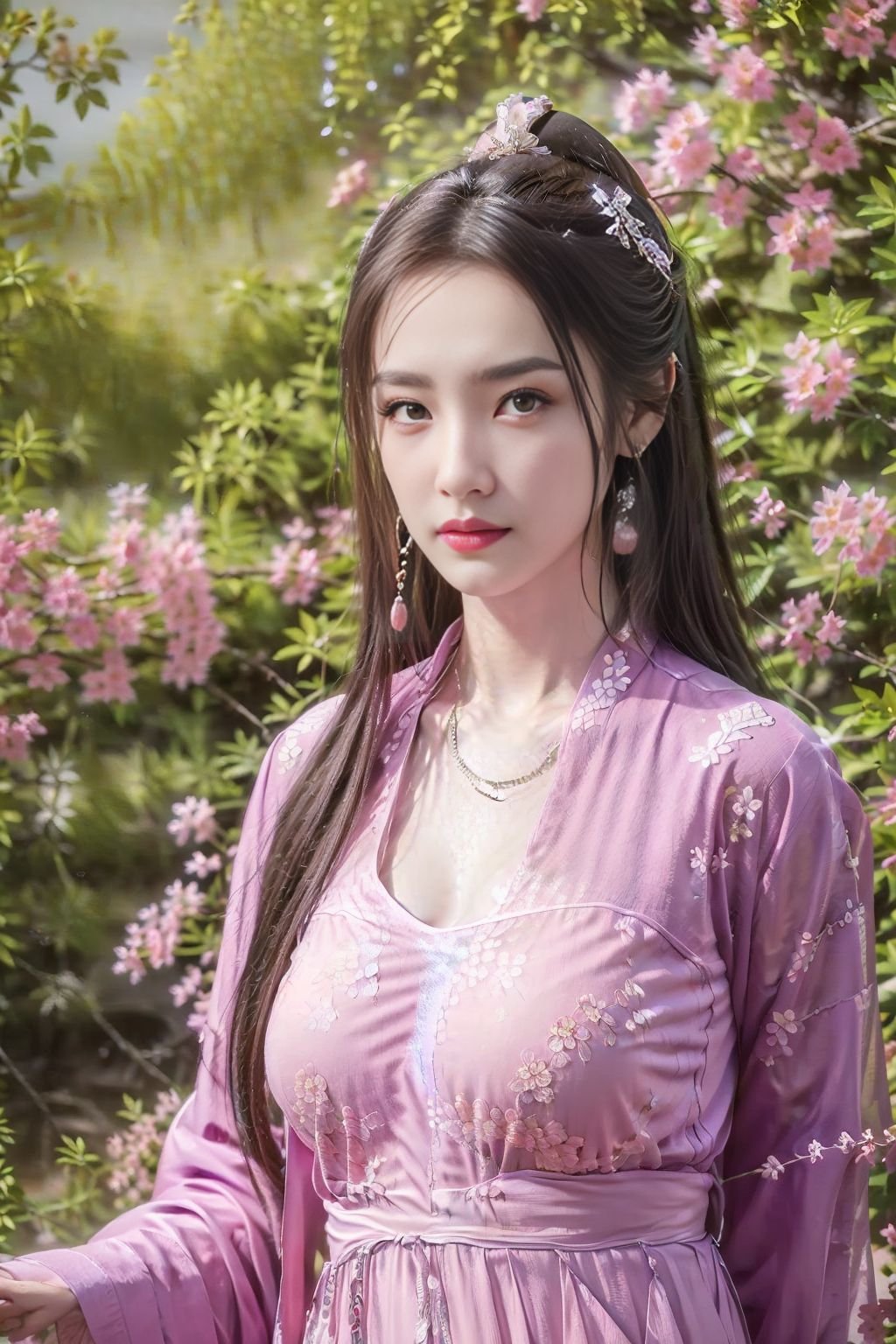 (best quality:1.3, masterpiece:1.3),realistic,(photorealistic:1.2),ultra high res,(1girl, solo),atmospheric perspective,fashi-girl detailed face,make up,(hanfu:1.2),pink lips,parted lips,closed mouth,shiny skin,(brown hair),very long hair,looking at viewer,blueeyes,earrings,slim body,perfect lighting,(front lighting),physically-based rendering,extremely detailed CG unity 8k wallpaper,lips,(china dress, dress:1.2),hair ornament,necklace,jewelry,long hair,earrings,(chinese clothes:1.2),large breasts,outdoors,water,river,Standing by the river,nature,mountain,depth of field,lens 135mm,f1.8,lens flare,floating sakura,flying butterfly,unbuttoned clothes,(upper body:2),dress,jewelry,flower,earrings,,purple dress,