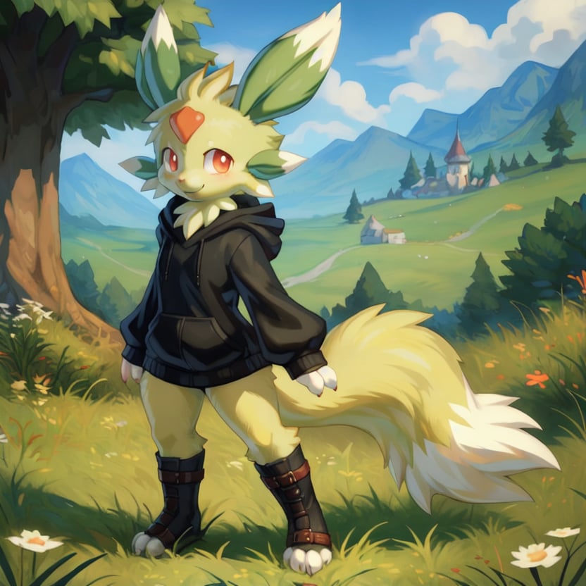 <lora:Lifmunk_Palworld_v2.0_:0.8> (pallifmunk:1.2), anthro, black hoodie, solo, smile, fluffy tail, dipstick tail, standing, detailed background, meadow, by hioshiru, by wkar