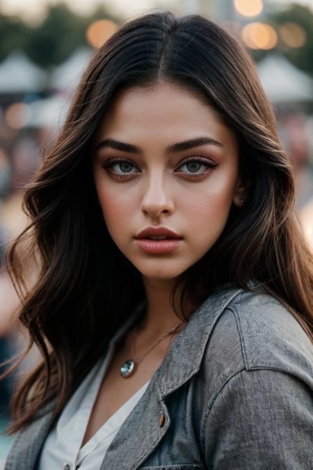 photo of gorgeous (k1m1ya:0.99), a beautiful woman, perfect hair blowing in the wind, (modern photo), (Steel Gray button up shirt), 85mm, (analog, cinematic, film grain:1.3), (A bustling, modern city park during a vibrant, lively music festival:1.2), detailed eyes, seductive pose, painted lips, (epicPhoto), (looking at viewer:1.1), jewelry, (cinematic shot:1.3), (natural lighting, lit from above), PA7_Portrait-HL_v2