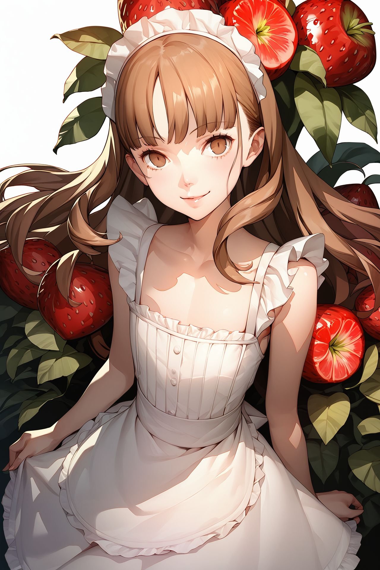 score_9, score_8_up, score_7_up, 1girl, kind smile, looking at viewer, dark_brown hair, straight-across_fringe, asymmetrical_sidelocks, bronze eyes, flat chest, maid, Common_Myrtle \(flower\), strawberry_background <lora:Soejima_Shigenori_PonyXL_style_v01:1>