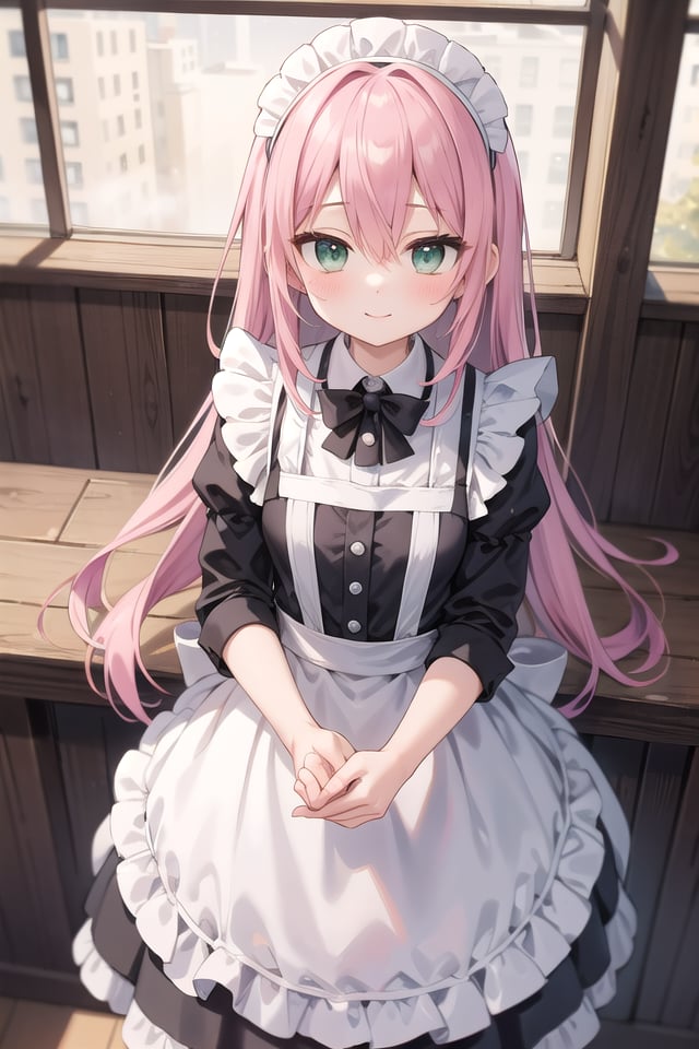 insanely detailed, absurdres, ultra-highres, ultra-detailed, best quality,1girl, solo, nice hands, perfect handsBREAK(cleavage:-1.5),(classical maid:1.2),apron, blush, bow, bowtie, frilled apron, frills, long sleeves, maid, maid apron, maid headdress, waist apron, white apron,(maid costume, maid hair dress:1.3), long skirtBREAKhappy smile, laugh, closed mouthBREAKfrom above,standing, cowboy shot, looking at viewerBREAKslender, kawaii, perfect symmetrical face, ultra cute girl, ultra cute face, ultra detailed eyes, ultra detailed hair, ultra cute, ultra beautifulBREAKin coffee shop, indoors, depth of field, ultra detailed backgroundBREAKmedium breastsBREAK(pink hair, dark green eyes), long hair, hair between eyes