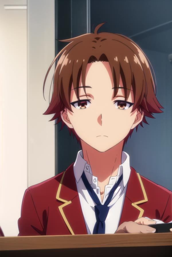 kiyotakaayanokouji, <lora:kiyotaka ayanokouji s2-lora-nochekaiser:1>,kiyotaka ayanokouji, brown hair, (brown eyes:1.5), male focus, (parted bangs:1.5), short hair,BREAK school uniform, jacket, necktie, blazer, blue necktie, shirt, white shirt, collared shirt, (red blazer:1.5),BREAK indoors, classroom,BREAK looking at viewer, (cowboy shot:1.5),BREAK <lyco:GoodHands-beta2:1>, (masterpiece:1.2), best quality, high resolution, unity 8k wallpaper, (illustration:0.8), (beautiful detailed eyes:1.6), extremely detailed face, perfect lighting, extremely detailed CG, (perfect hands, perfect anatomy),