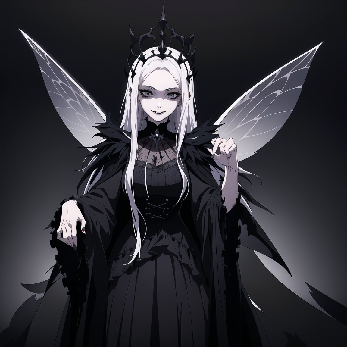 1girl,smile,black lips,beautiful,white hair,dark fairy tale,gloomy style,crown,evil vibe,Gothic style,high definition,Rich in intricate details. 8K,illustration,