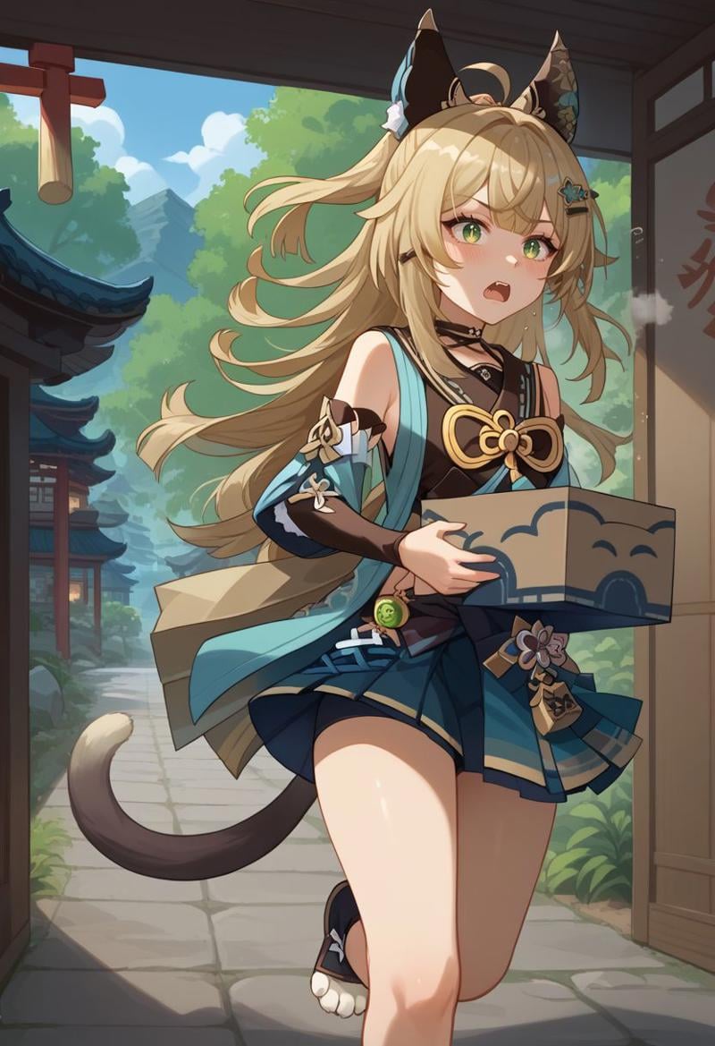 score_9, score_8_up, score_7_up, source_anime, 1girl, kiraradef, blonde hair, green eyes, long hair, ahoge, animal ears, hair ornament, hairclip, two tails, multiple tails, cat tail, detached sleeves, bare shoulders, crop top, tassel, black choker, blue miniskirt, pleated skirt, midriff, bike shorts, bike shorts under skirt, open mouth, fang, embarrassed, sweat, steam, (running), indoors, shrine, cowboy shot, vision \(genshin impact\), holding box, cardboard box, <lora:Kirara_v1-000010:1>