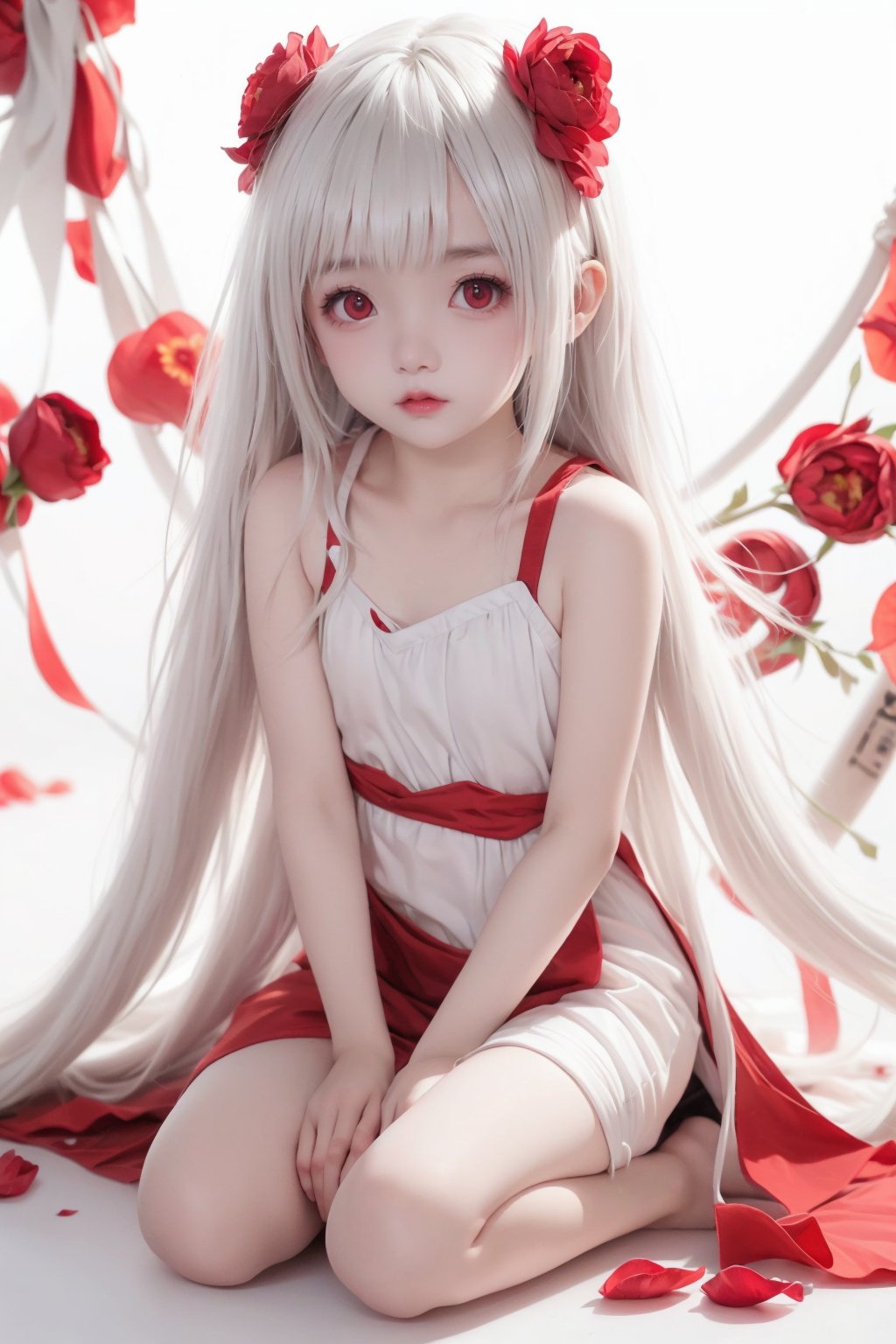 1girl,red eyes,white long translucent night gown,expressionless,(white hair),hair cover one eye,long hair,red hair flower,kneeling on lake,blood,(plenty of red petals:1.35),(white background:1.5),(English text).,(loli:1.5),(5yo:1.5),(very_long_hair,:1.3),chibi,