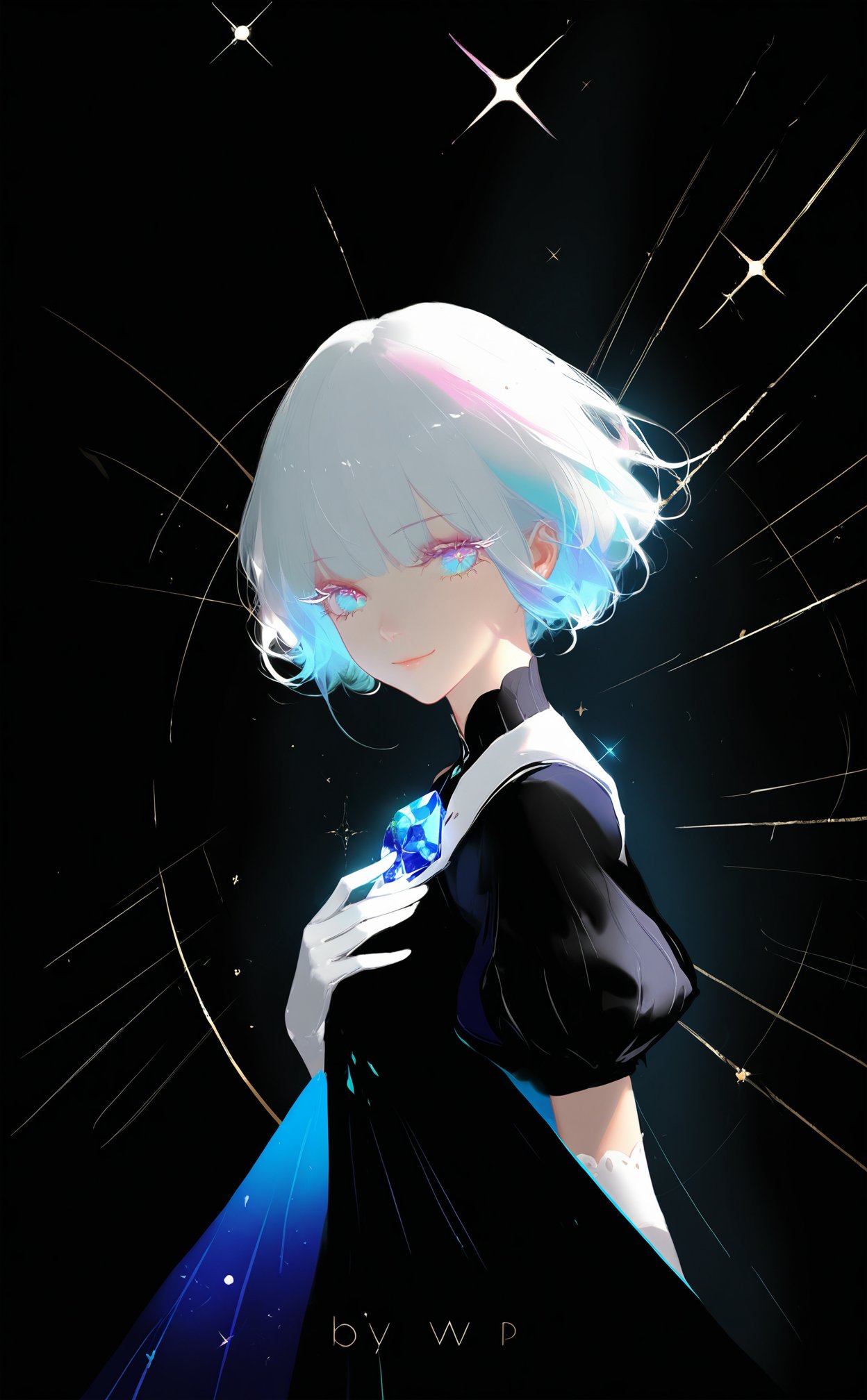 (masterpiece),(best quality),illustration,ultra detailed,hdr,Depth of field,(colorful),loli,[Artist:wlop],[[Artist:sheya]],Artist:ask \(askzy\),diamond \(houseki no kuni\),1other,gloves,elbow gloves,other focus,solo,gem uniform \(houseki no kuni\),smile,multicolored hair,androgynous,white gloves,short sleeves,looking at viewer,short hair,upper body,shirt,character name,from side,puffy short sleeves,closed mouth,puffy sleeves,multicolored eyes,colored eyelashes,black shirt,sparkle,black background,hand on own chest,white hair,