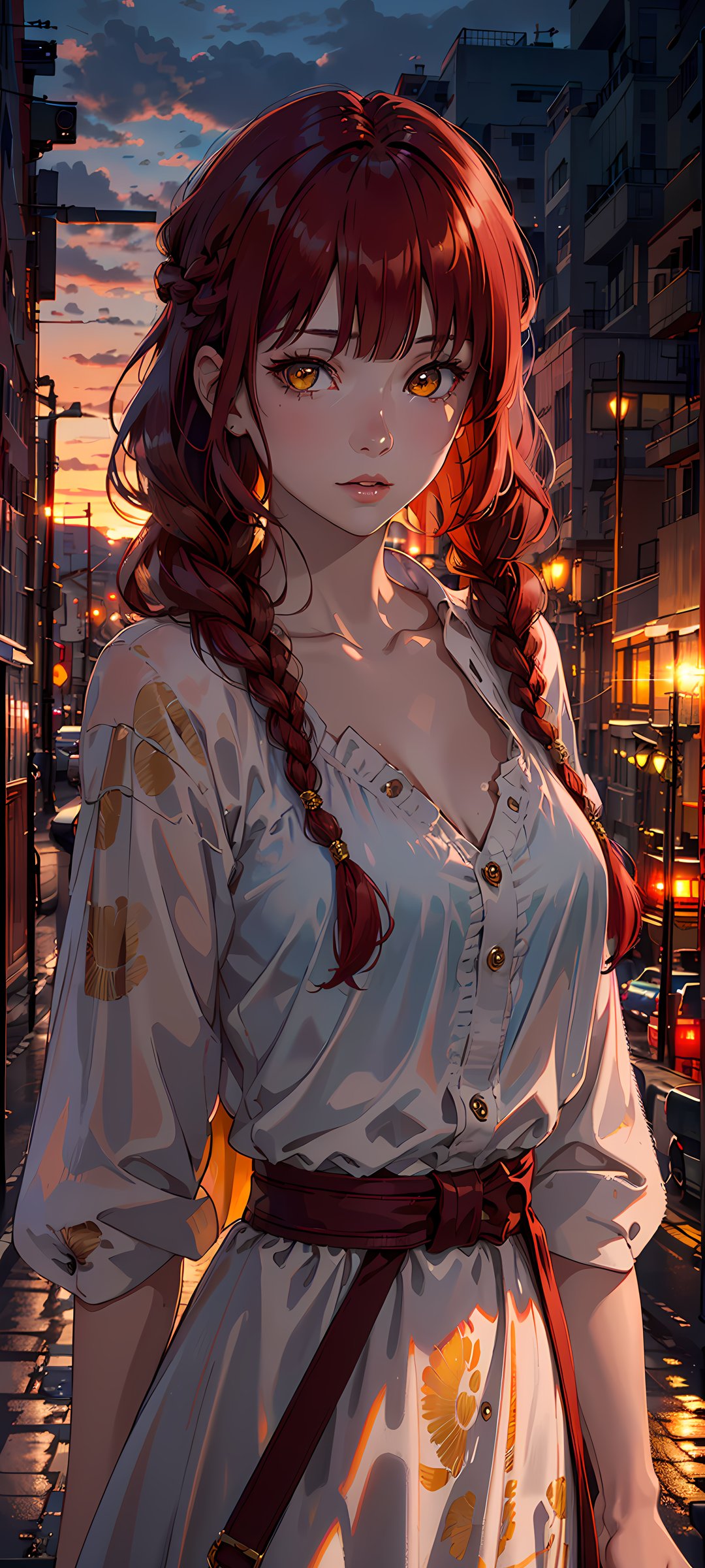 masterpiece, (photorealistic:1.4),1girl,  best quality, beautiful lighting, ((red hair))+(long braided hair)+(bangs), yellow eyes, golden eyes, (ringed eyes), RAW photo, 8k uhd, film grain, (1girl), city, (dress), sunset,   <lora:Violet:0.2>