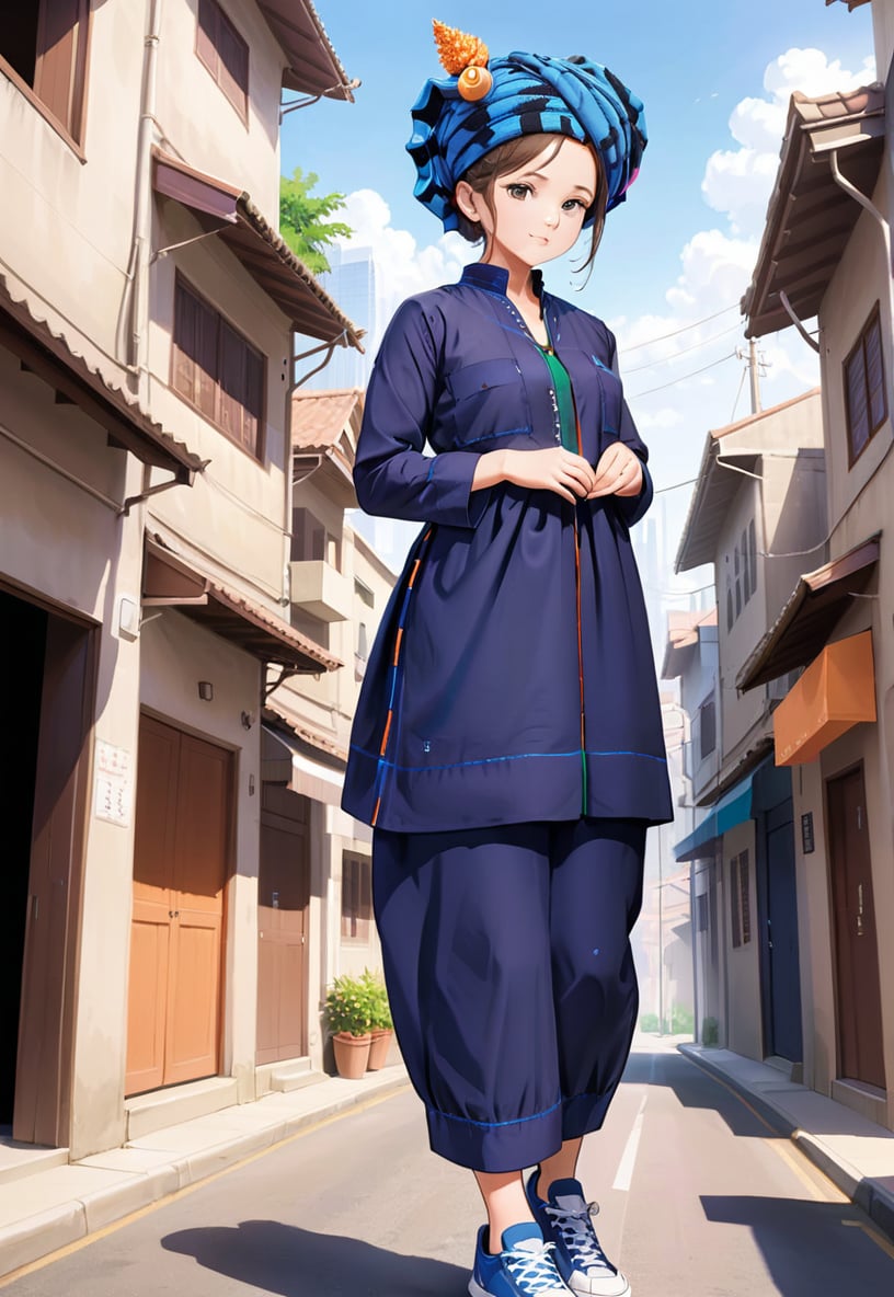 illustration, girl, navy blue paoh traditional dress, turban, rokiah dress, sneaker, from below, looking down, street, scenery, cityscape <lora:rokiah_dress-000008:1>