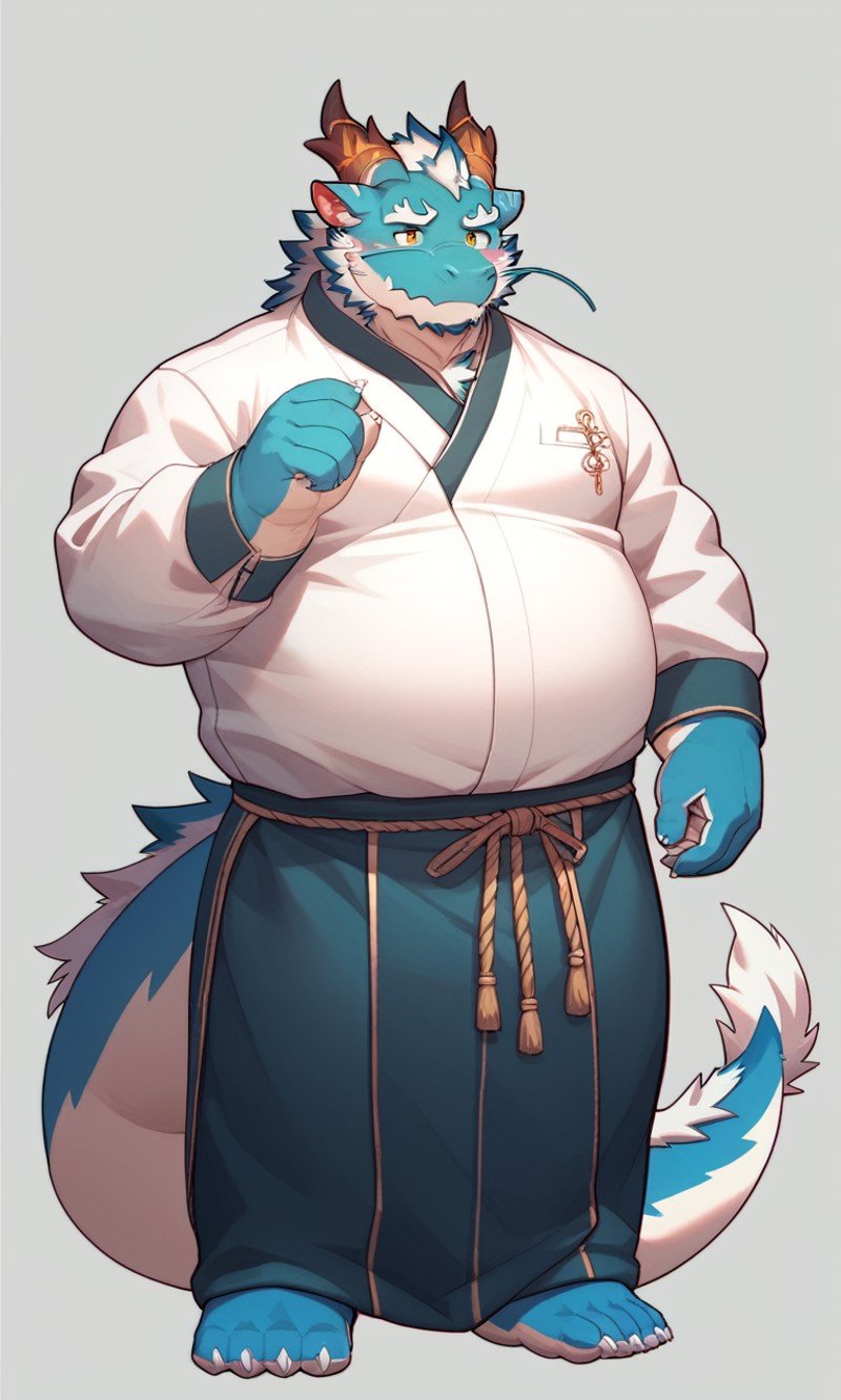 score_9,score_8 up,score_7 up,score_6 up,score_furry,hi res,qinglong,anthro,dragon,flesh whiskers,japanese clothing topwear,male,solo,horn,full body,overweight,blue body,bottomwear,overweight male,fur,clothed,kemono,blue fur,white body,<lora:Meng_zhang_XL_Pony-000010:0.8>,