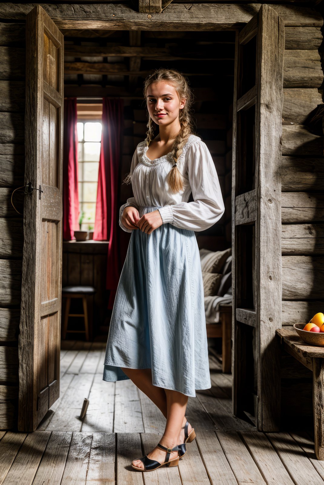 RAW photo,full body shot,of 19yo girl inside a medieval norway rural settlement,attractive,gorgeous,slim,fit,athletic, updo,(high detailed skin:1.2), 16k uhd, dslr, warm filling light, high quality, Canon EOS 90D <lora:more_details:0.9>