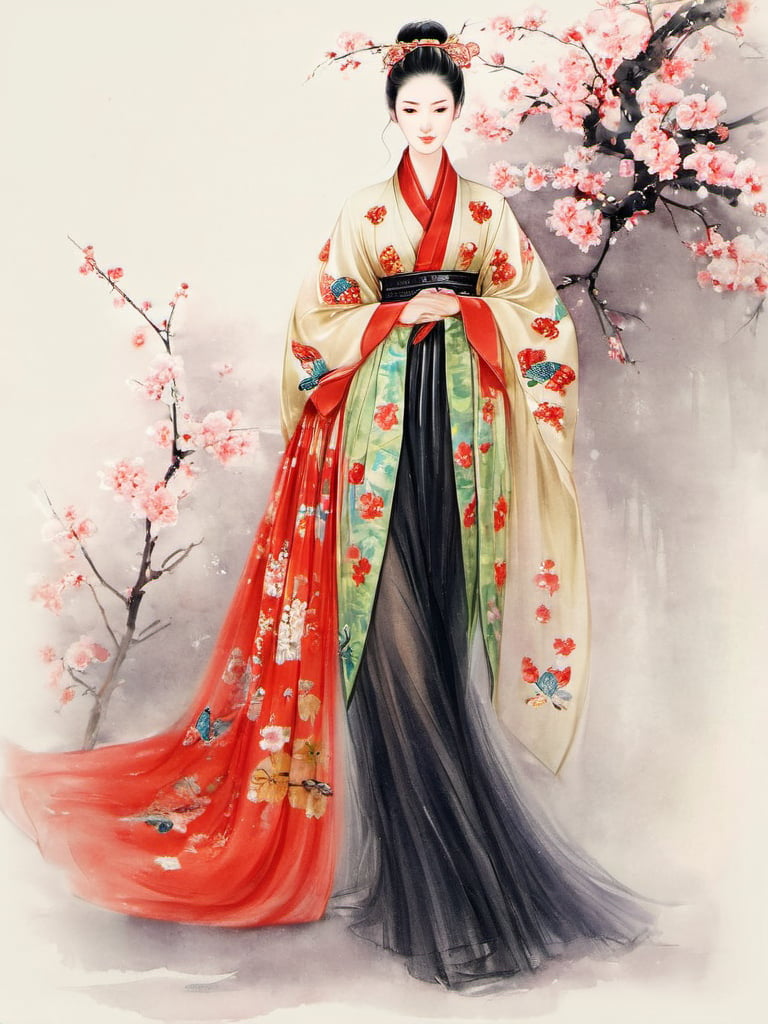 fushi,a skirt with,butterfly,solo,antiquities,chinese style,1girl with a slender (or slim) figure in the tang and song dynasties,Graceful poses,delicate attire,serene expressions,cultural richness,timeless charm,black hair,hair ornament,,woman in chinese painting, ladies-illustration,the backgroud is butterfly a painting of a butterfly and a flower,,a painting of a butterfly and flowers with a white backgroundr, meihua08,bare_tree, blood, branch, tree, blood_splatter, spider_lily, cherry_blossoms, red_flower, flower, plum_blossoms, camellia, cherry, defloration, red_rose, fruit, autumn, berry, hibiscus, floral_background,(tree:1.1),hanfu, ,<lora:服饰人物_手绘_V1.0XL:1>, masterpiece, best quality,