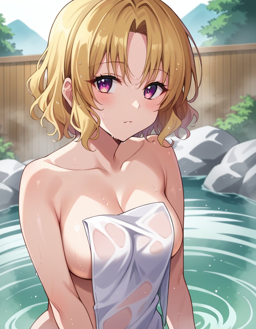 score_9, score_8_up, score_7_up, source_anime,risamomioka, <lora:risa-momioka-darkness-ponyxl-lora-nochekaiser:1>,risa momioka, short hair, blonde hair, wavy hair, parted bangs, purple eyes,nude, naked, outdoors, onsen, towel, naked towel, steam, bathing, nude cover, partially submerged, water, bath, steam censor, wet towel,looking at viewer, cowboy shot, dutch angle,