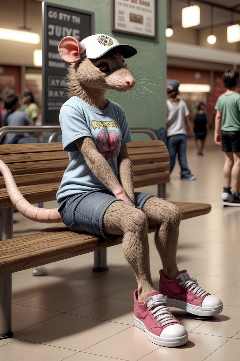 cute skater chick rat, sitting_in_mall_foodcourt, tail, realistic