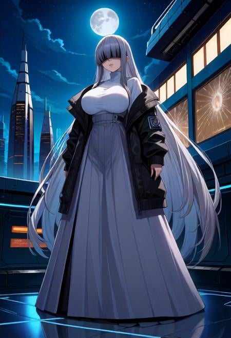 score_9, score_6_up, source_anime, 1girl, solo, rule of thirds, spaceship, night, full moon, standing, gray hair, very long hair, covered eyes, two-tone eyes, tall, jacket, long skirt, large breasts, relaxed